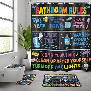 Funny Rules Colorful Cartoon 4Pcs Bathroom Shower Curtain Set with Rugs