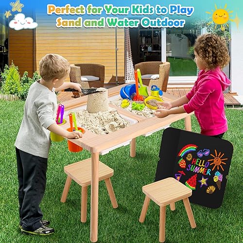 Miniatura 7 de Purelax Mesa sensorial para niños con 2 taburetes, mesa de arena multifunción para niños, mesa de arte para interiores, mesa de dibujo para niños,