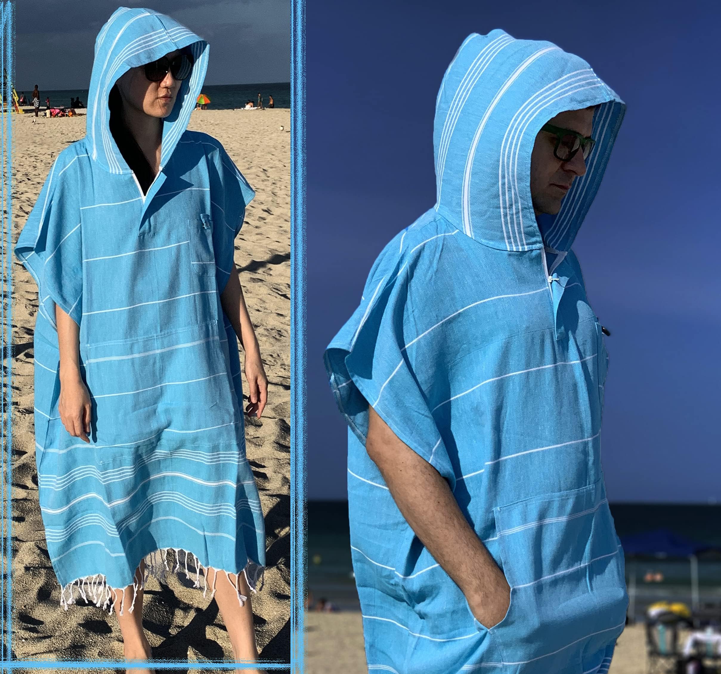 Large Surf Poncho - Thin Turkish Cotton Beach Robe Hooded Wetsuit Changing Towel | Ultra Thin Quick Dry | Sandproof | 100% Turkish Cotton (Navy Blue, Poncho) (Turquoise, Surf Poncho)