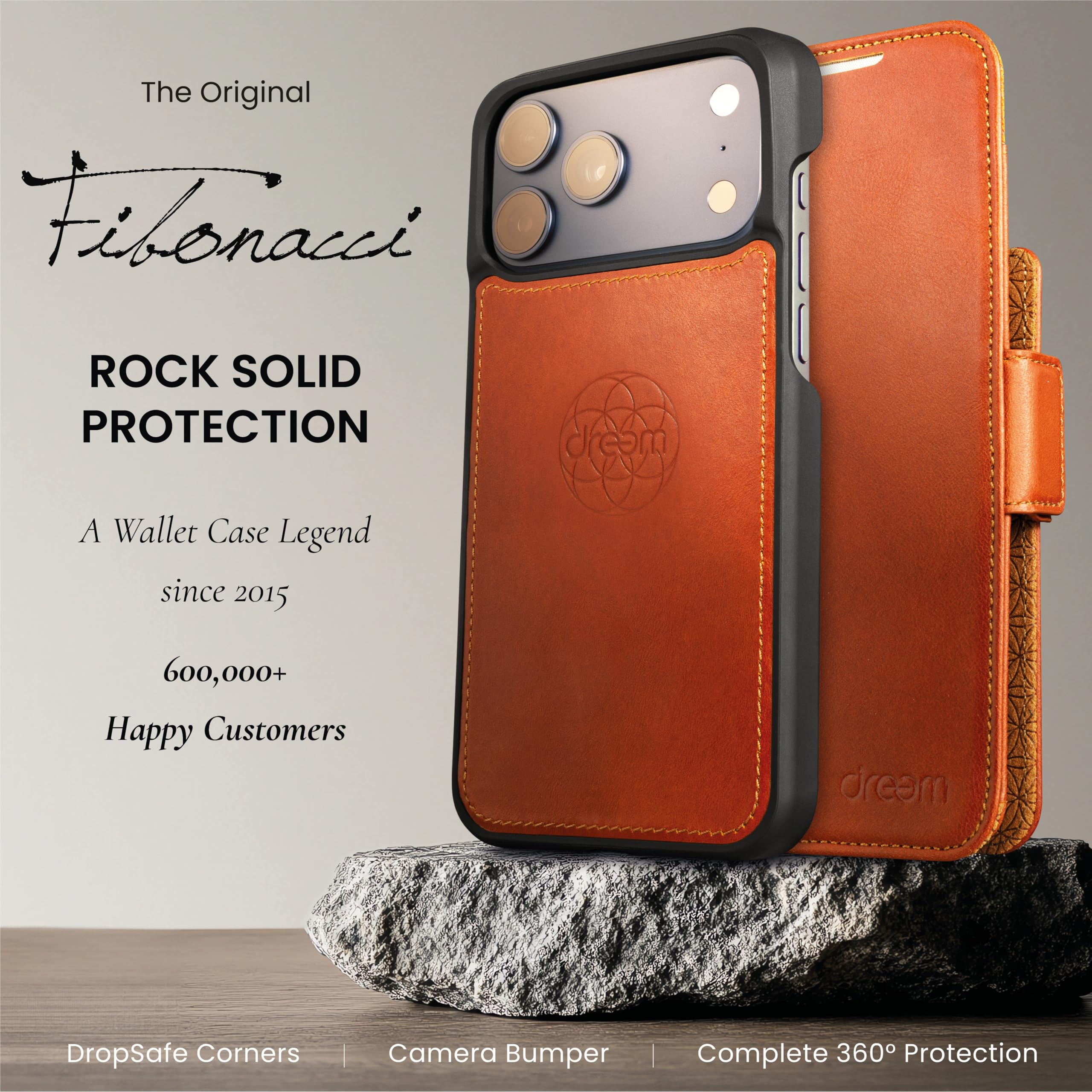 Dreem Real Leather Wallet Case for iPhone 17 Pro Max, Revolutionary Vert/Hor Phone Stand, Magnetic Detachable Flip Cover RFID Blocking Card Holder, MagSafe-Fit, Gift Box [Fibonacci: Caramel] - 4