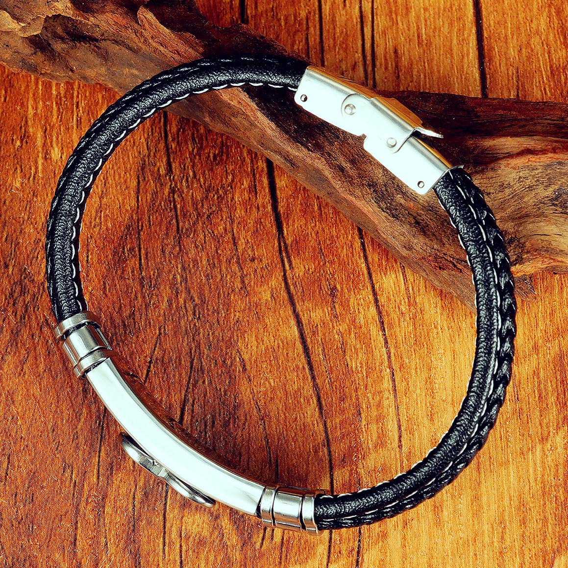 ATEIELLI Bracciale Uomo Infinito Acciaio Inossidabile Pelle 21.5cm Regolabile B310