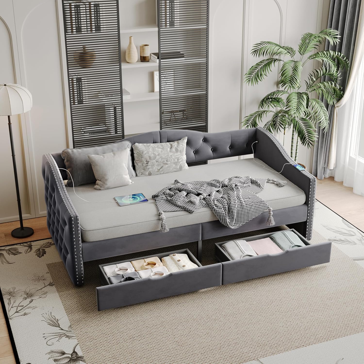 SOFTSEA Twin Size Daybed with Storage Drawers, Upholstered Twin Daybed with Charging Stations & Tufted Headboard, Velvet Day Bed Frame for Small Space, for Kids Teens Adults, Gray