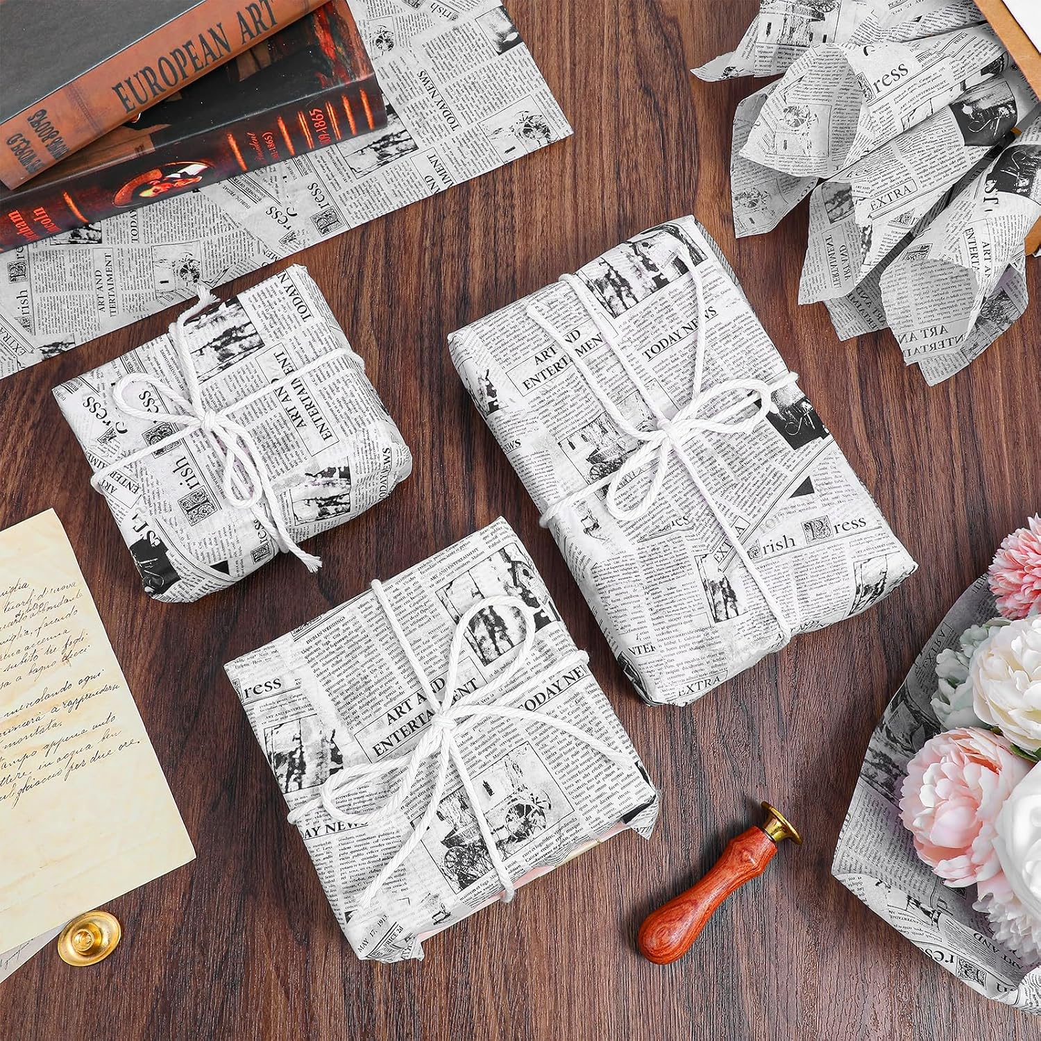 200 Sheet Vintage Newspaper Tissue, Black 20x14in Old Newsprint Gift Wrap Retro Brown Craft Art Decor for Valentine's Day Wedding Birthday Party Gift Crafts