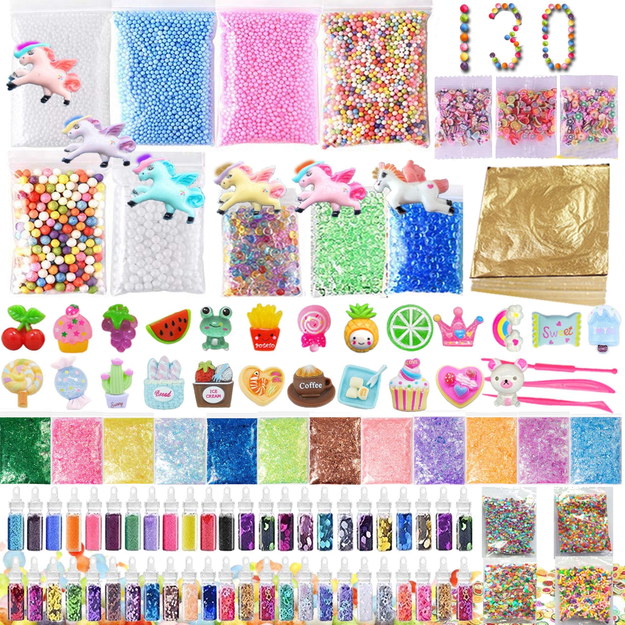 130 Pack Slime Making Kits Supplies,Gold Leaf,Foam Balls,Glitter Shake Jars,Fishbowl Beads,Fruit Slices,Fake Sprinkles,Glitter Sequins Accessories, Sugar Papers (Slime Kits)