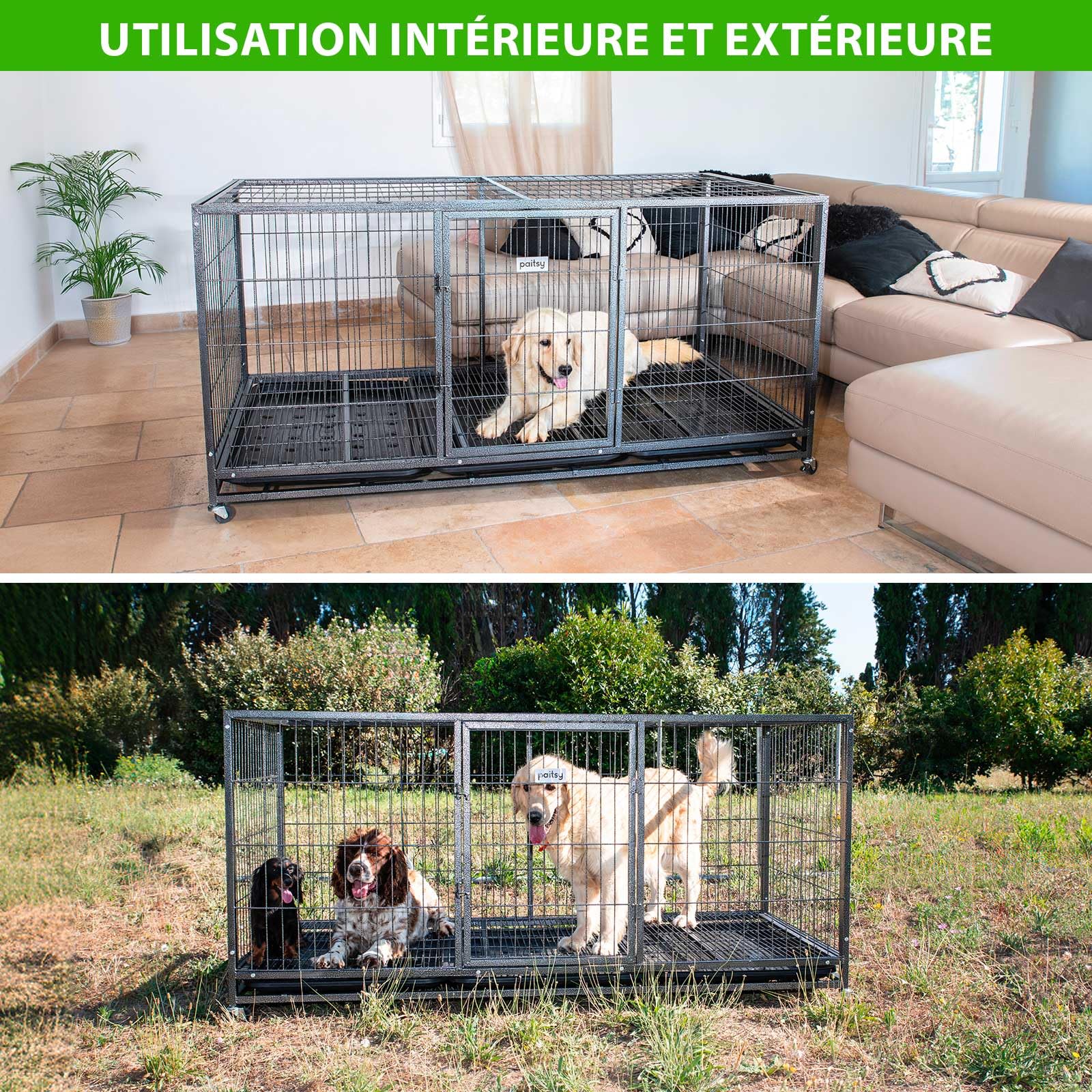 Cage pour Chien intérieur et extérieur Mouvedy2XL, 180x93x89cm, Caisse de Transport, Roues verrouillables, Pliable, 2 Portes, Plateau Amovible Paitsy