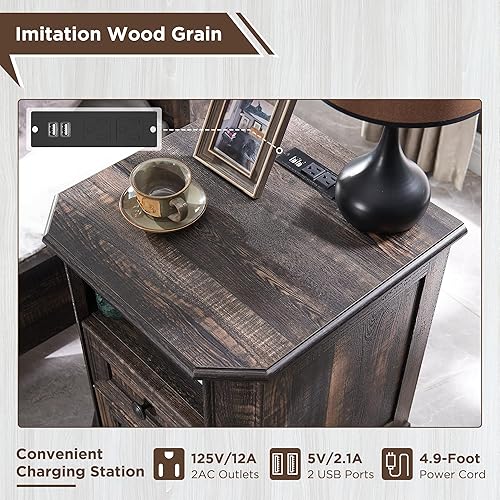 Miniatura 5 de T4TREAM Juego de 2 mesitas de noche de granja con estación de carga, mesa auxiliar de 18 pulgadas con 2 cajones, mesa auxiliar de madera, armario de