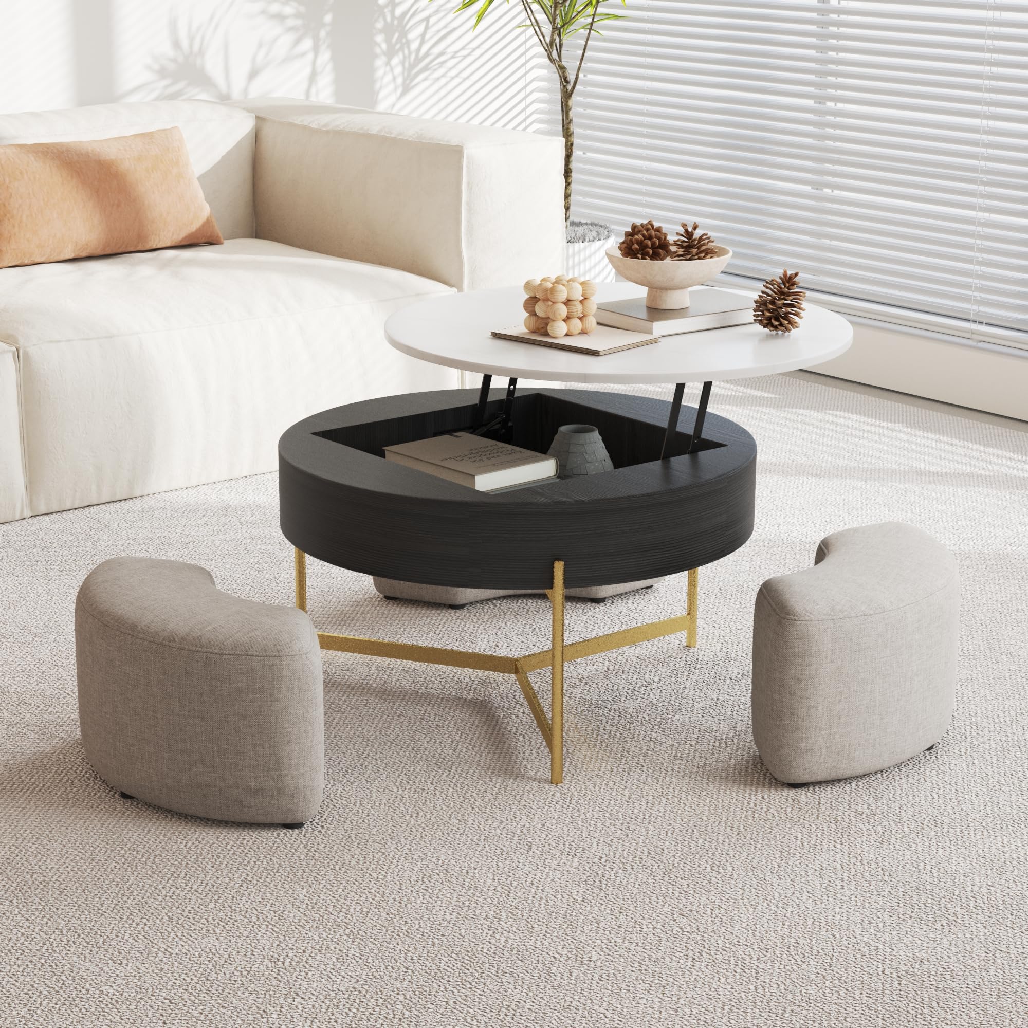 HOJINLINERO Round Lift Top Coffee Table With Storage - Farmhouse Style  Living Room Table, image size:2000x2000