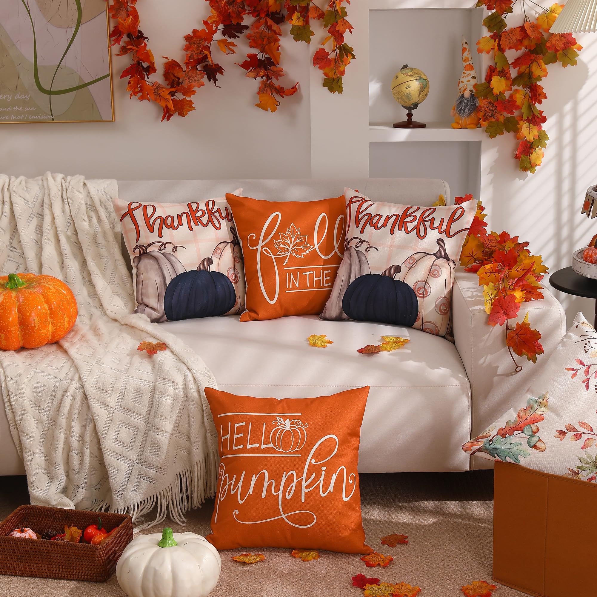 DFXSZ Fall Pillow Covers 18x18 inch Set of 4 Buffalo Plaid Fall Blue Pumpkin Throw Pillow Cover Autumn Thanksgiving Decoration for Home Couch Bed