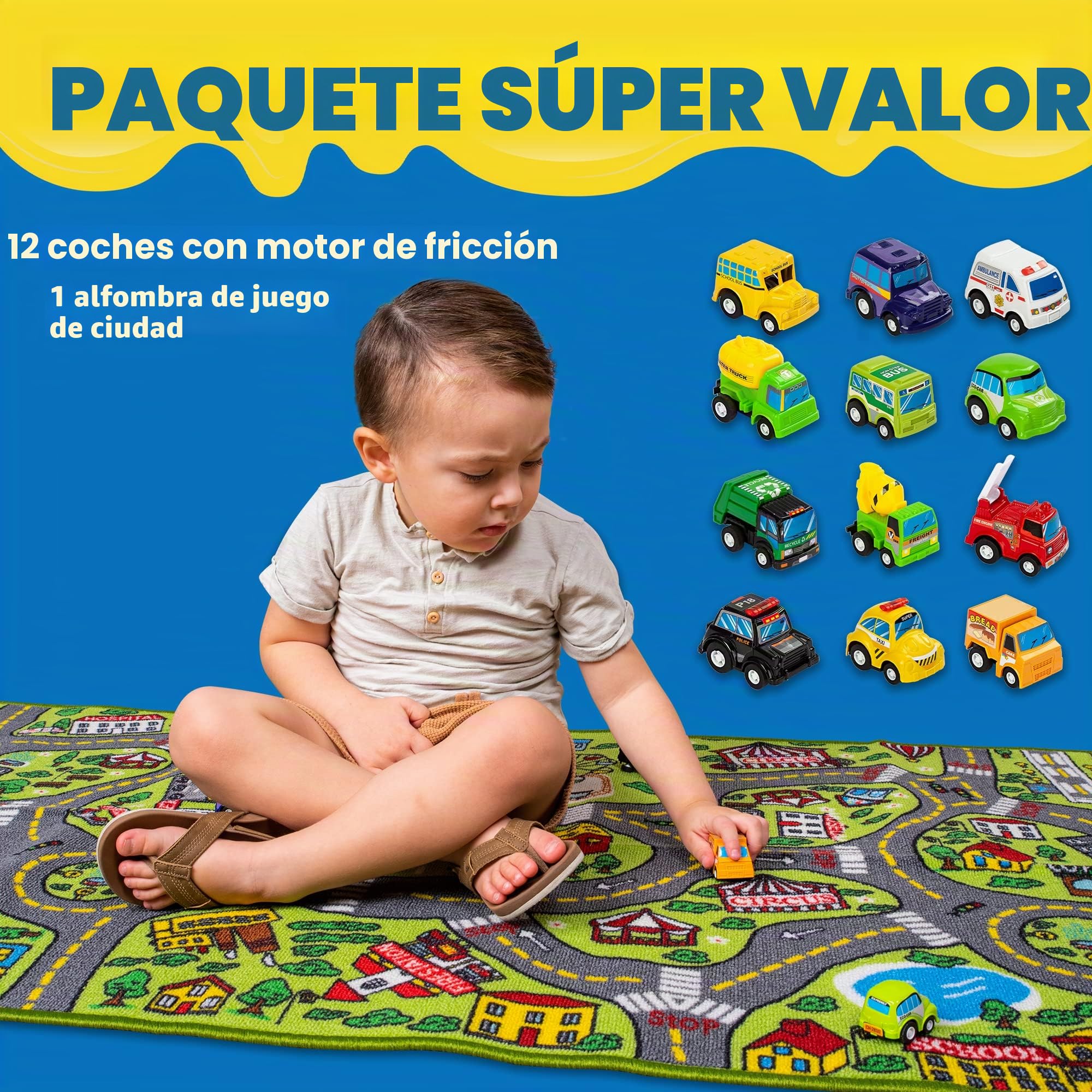 JOYIN - Alfombra de Juego para niños con 12 vehículos retráctiles, Alfombra Duradera para niños, Juego de simulación Urbano, Alfombra con Pista de Coches para niños pequeños