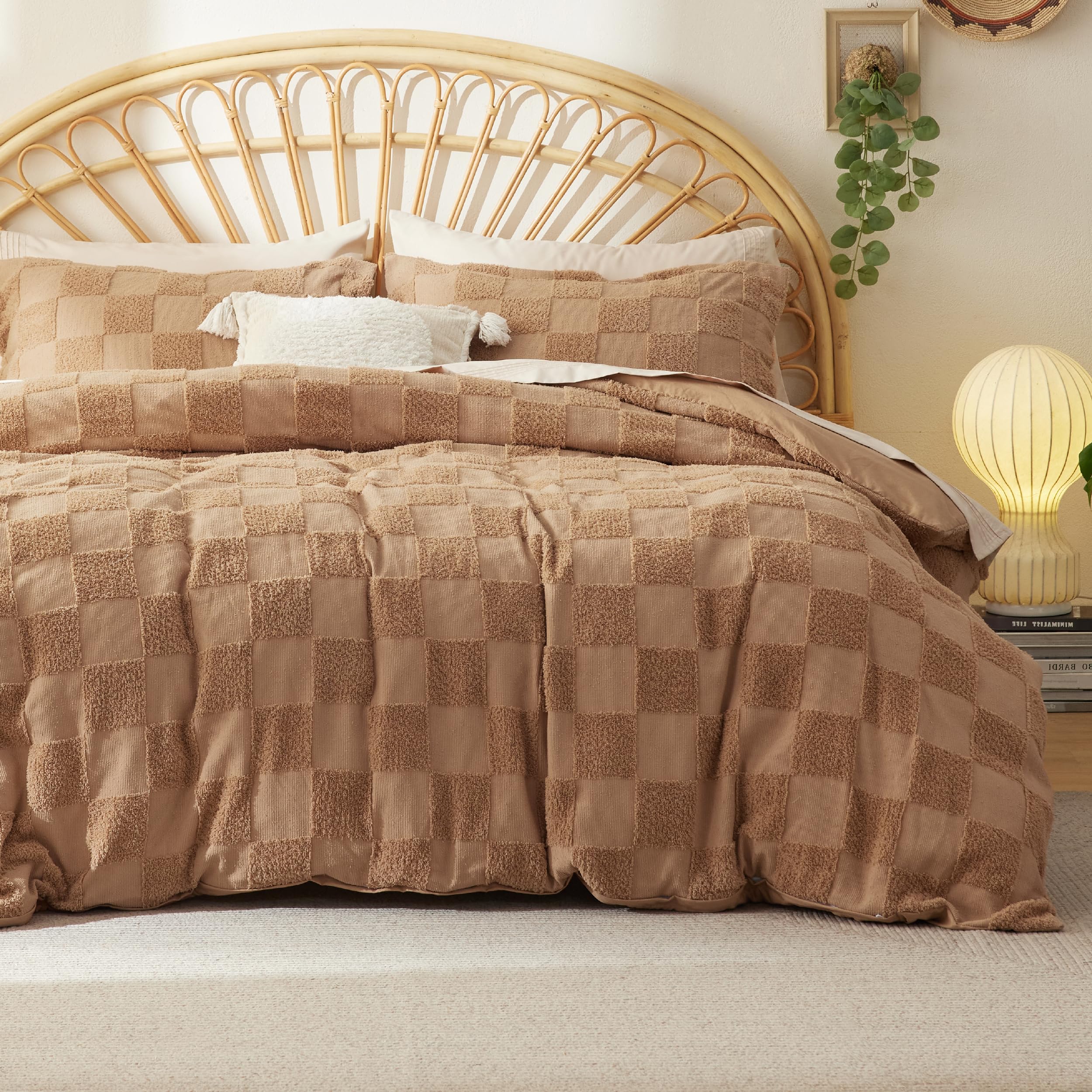 Bedsure Boho Kids Duvet Cover Queen Size（Duvet Insert/Comforter not Included - Checkered Duvet Cover Queenfor All Seasons,Soft Shabby Chic Boho Bedding (Khaki, 90" x 90")