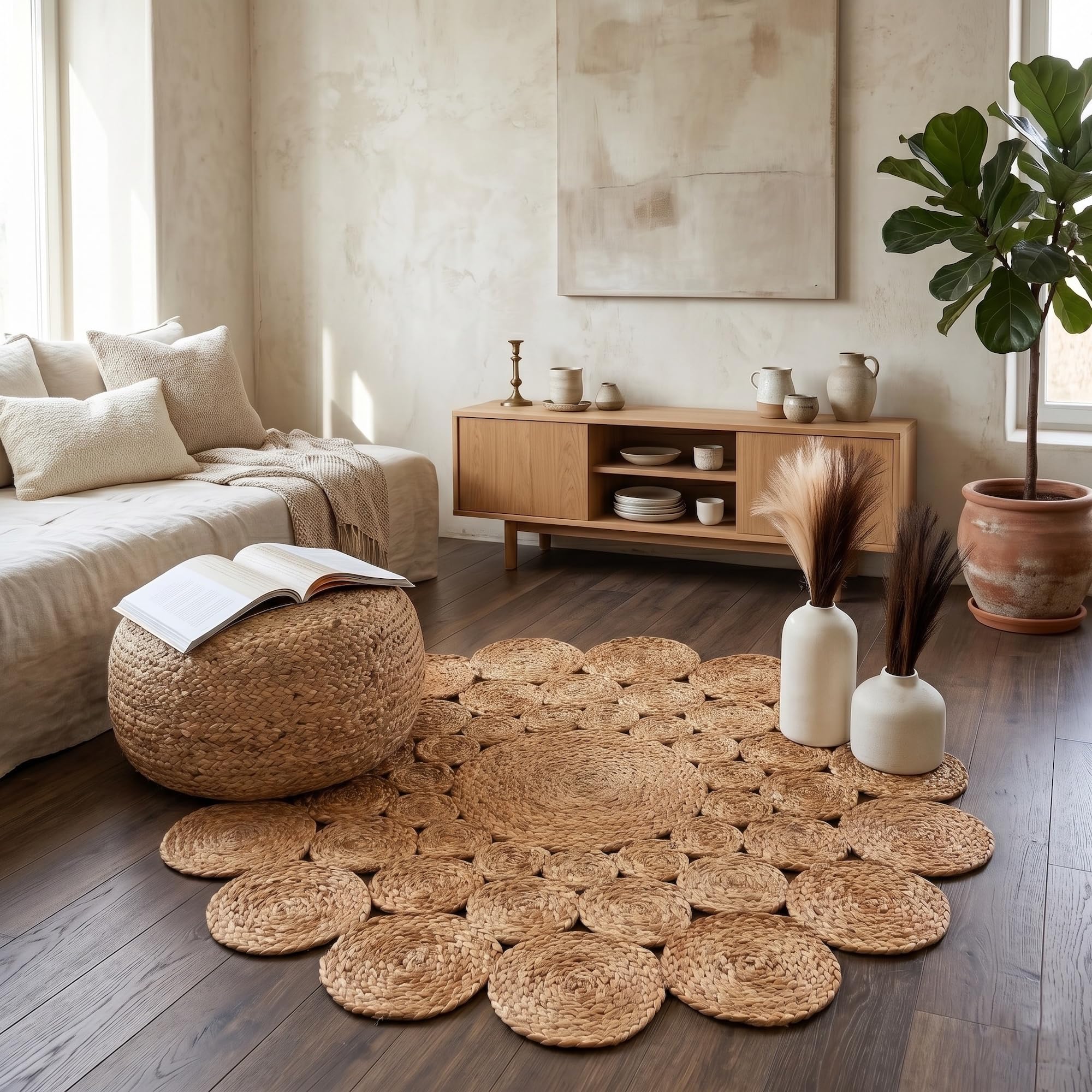 Calliope Round Rug, 100% Natural Jute, Artistic, Hand Woven Circular Round Rugs for Kitchen, Living Room, Bedroom, Bathroom, Farmhouse - 180cm Round, 180cm x 180cm