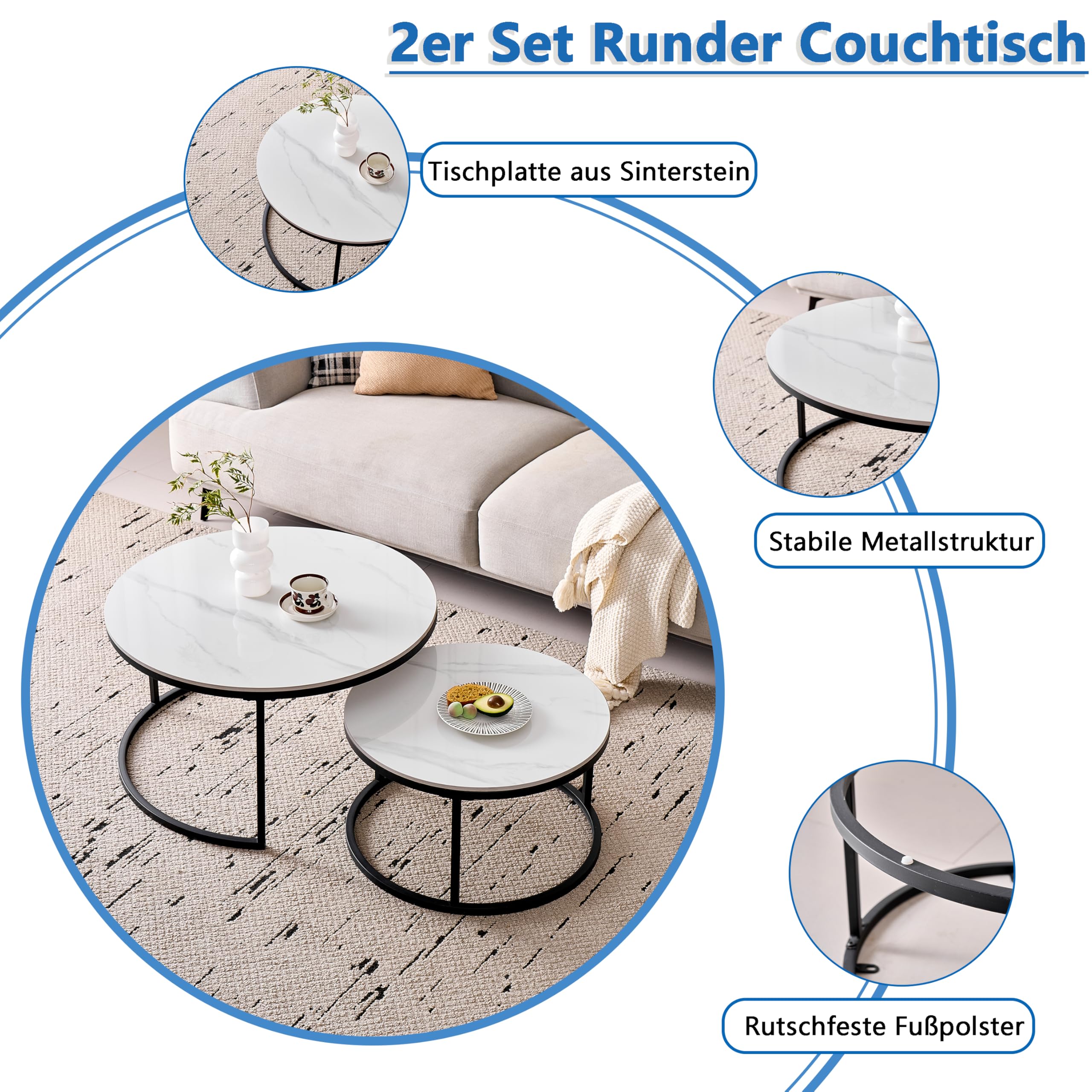 Lot de 2 Tables Basses Gigognes Ronde avec Plateau en Céramique Technique (Non en MDF),Tables D'Appoint Idéal pour Salon, Chambre, Balcon (Blanc+Noir), 50+70cm