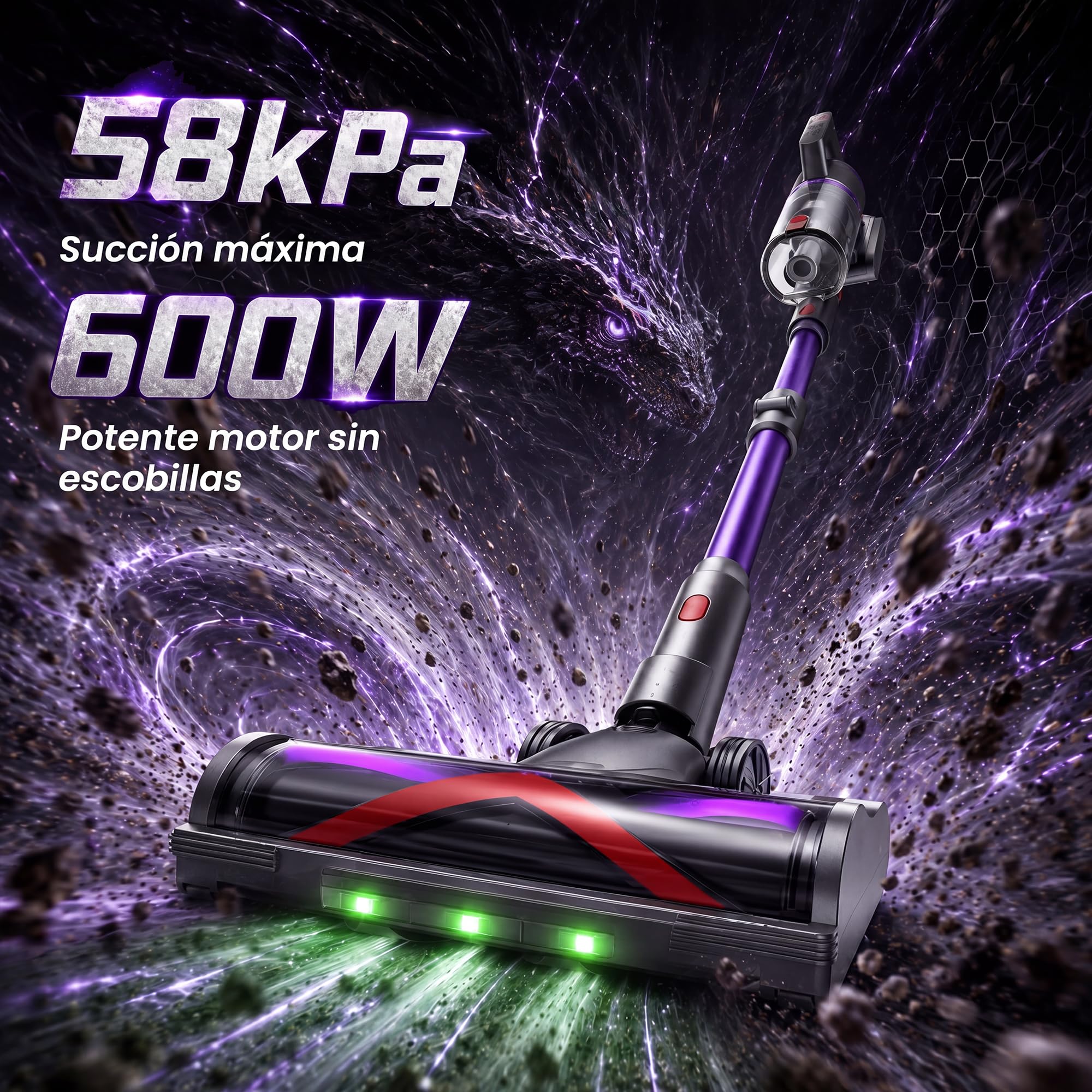 Aspiradora Sin Cable 58000Pa/600W/75Min, Escoba Aspiradora sin Cable con Brazo Flexible 1.6L, Modo Automático, Aspirador Inalámbrico Antienredo, Ideal para Suelos, Alfombras y Pelo de Mascotas