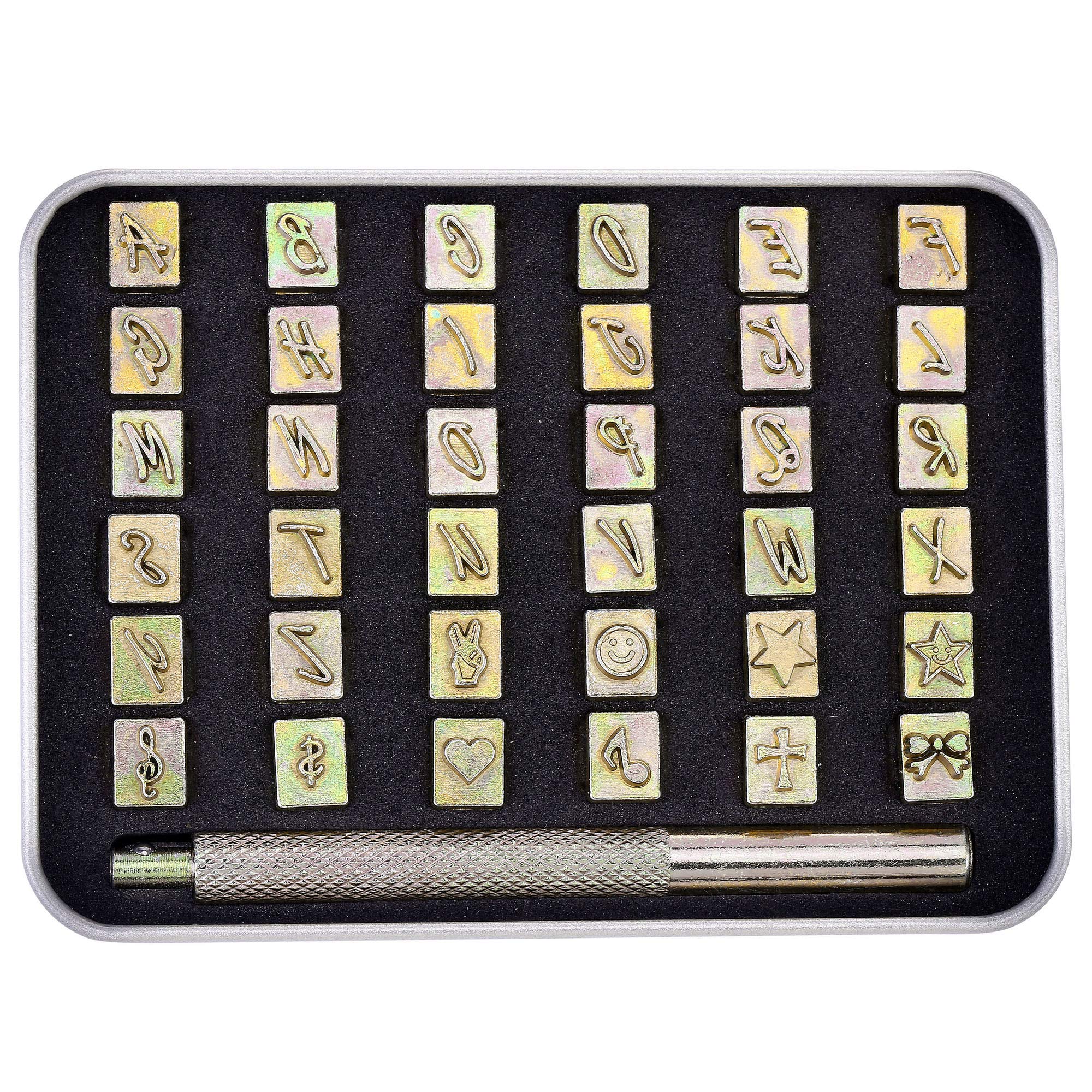 Yoption Juego de 37 herramientas de estampado de carft de cuero, 26 letras del alfabeto y 10 patrones de estampación de 6 mm + 1 mango de estampado para manualidades de cuero