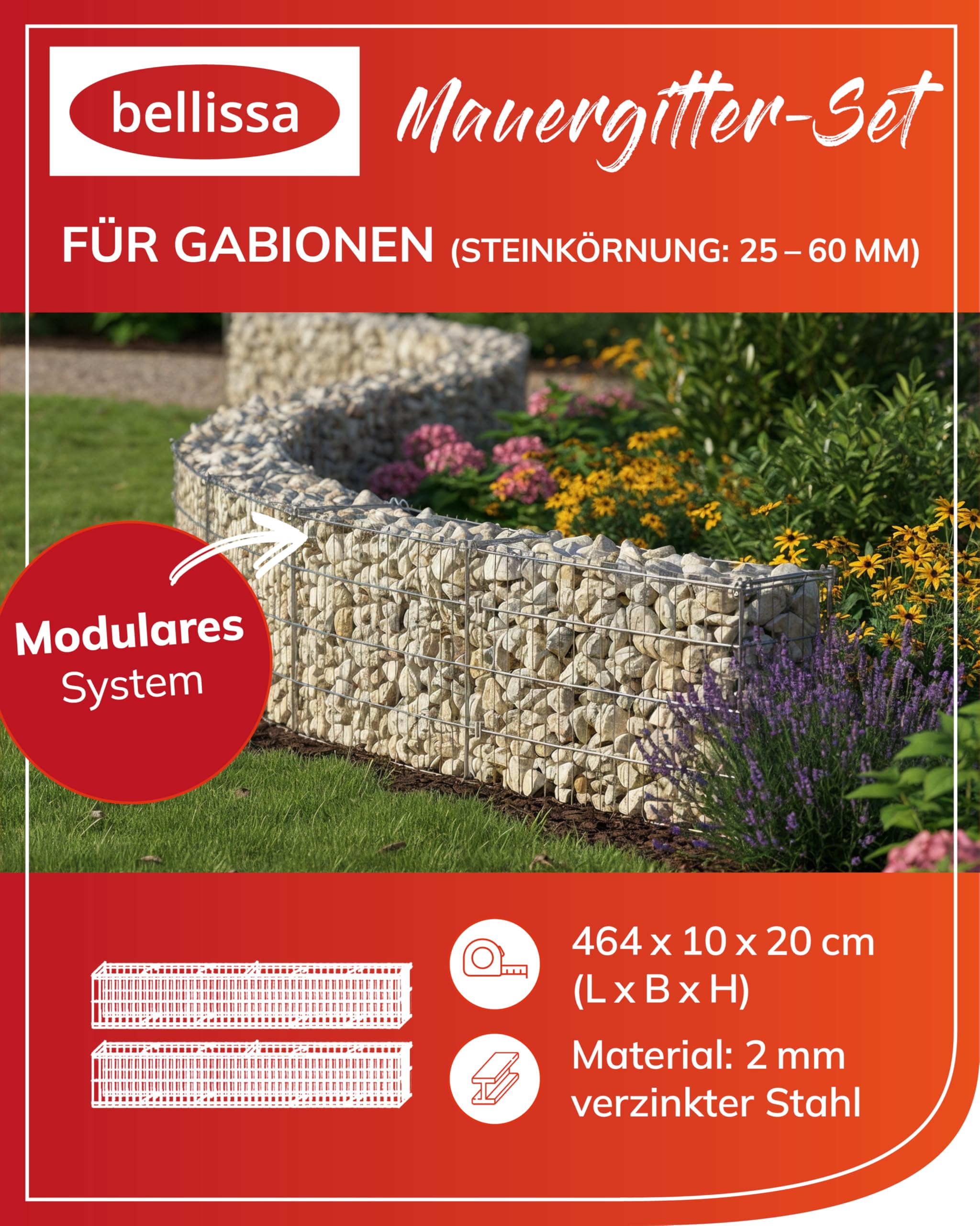 bellissa Mauergitter-Set für Gabionen verzinkt 464x10x20 cm | Längenverstellbare Gabionenkörbe für Steingabionen, erweiterbare Gabionengitter für Beetumrandung