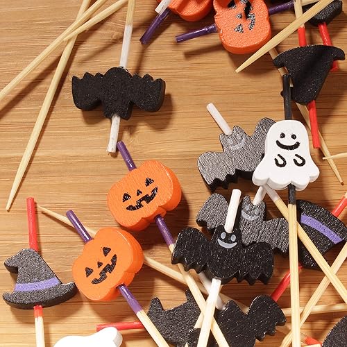 Miniatura 9 de Púas de bambú surtidas de Halloween para aperitivos, bebidas, postres, 5.9 pulgadas, calabaza, sombrero de bruja, murciélago, fantasma, 100 unidades