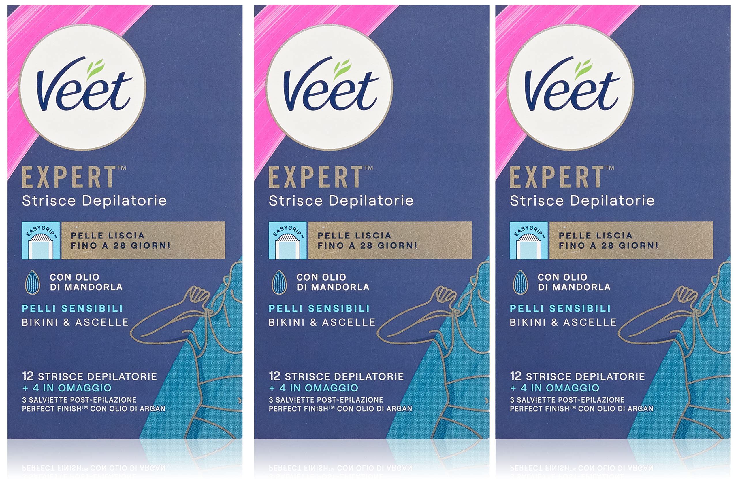 Veet Expert Paski do depilacji pod pachami i okolicami Bikini, woskowanie do skóry wrażliwej z olejkiem migdałowym, testowane dermatologicznie, 3 opakowania po 8 x 2 paski + 9 chusteczek po depilacji