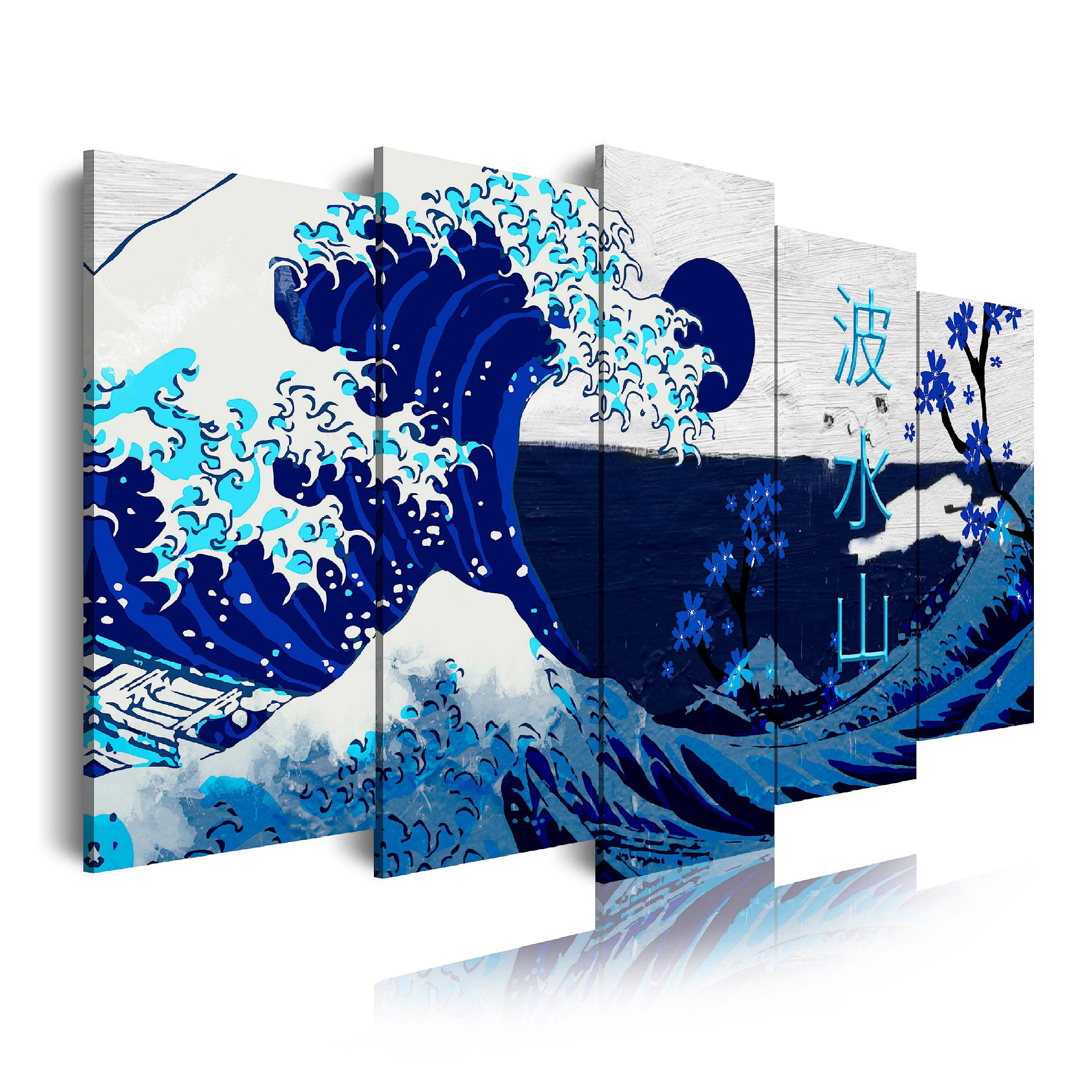 DekoArte - Cuadros Modernos Impresión Imagen Artística | 5 Piezas 150x80cm | Lienzo Decorativo Para Tu Salón o Dormitorio | Estilo Abstractos Arte La Gran Ola De Kanagawa azul
