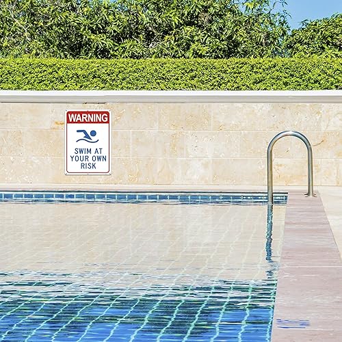 Miniatura 3 de Letrero de advertencia de natación a tu propio riesgo, letreros metálicos para piscina al aire libre, 10 x 14 pulgadas