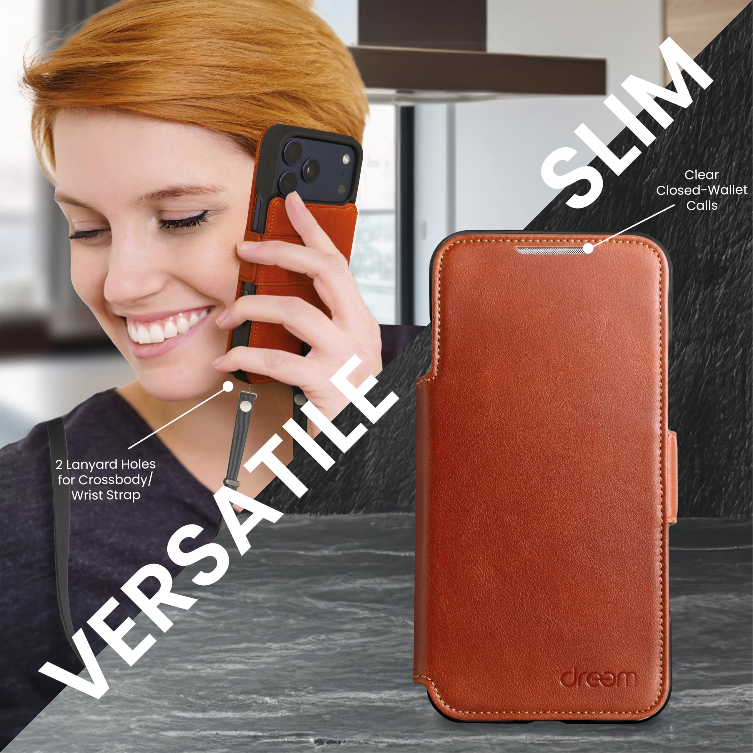 Dreem Real Leather Wallet Case for iPhone 17 Pro Max, Revolutionary Vert/Hor Phone Stand, Magnetic Detachable Flip Cover RFID Blocking Card Holder, MagSafe-Fit, Gift Box [Fibonacci: Caramel] - 5