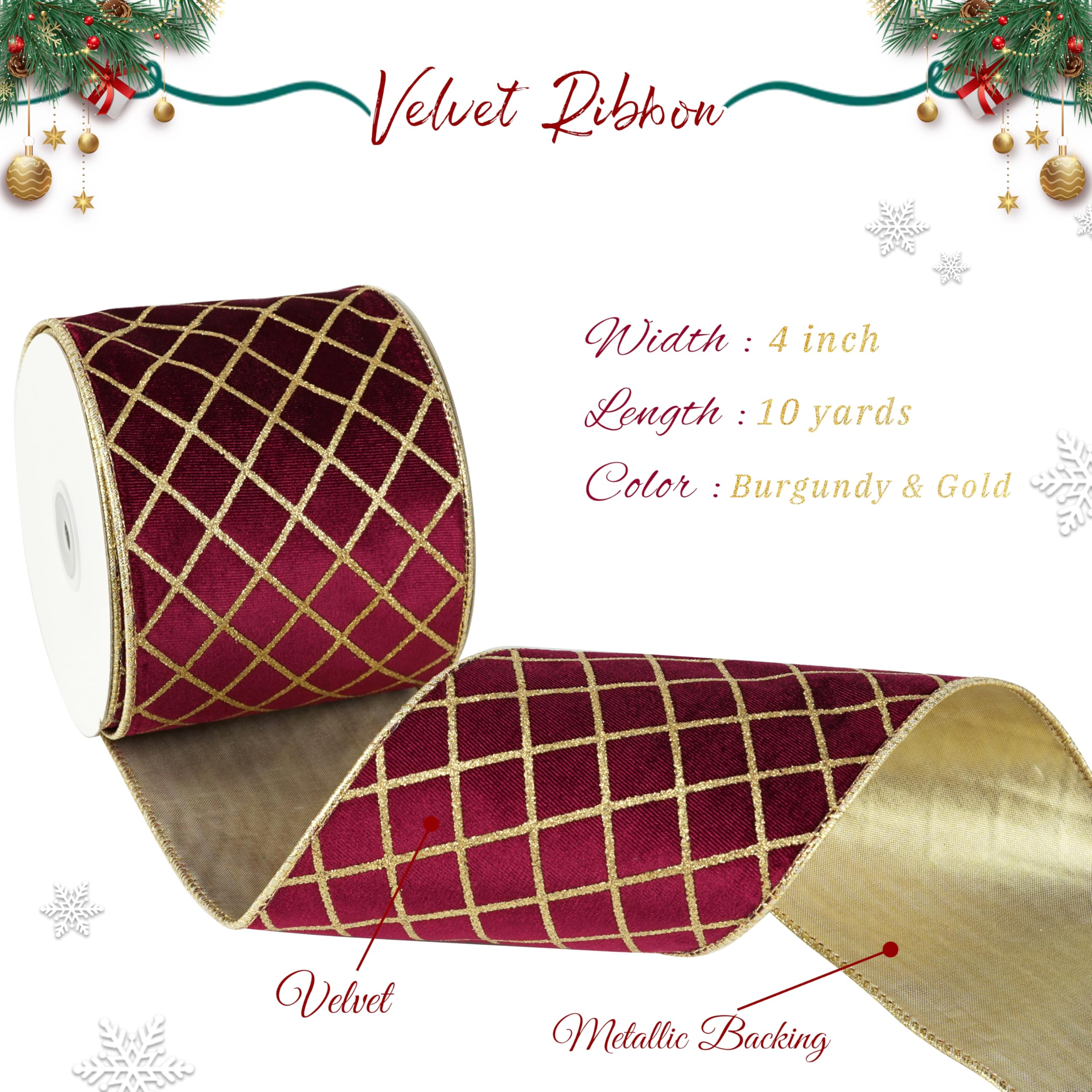 MAYREEL Burgunderrotes und goldenes Weihnachtsbaumband, 10,2 cm, metallischer Diamant-Glitzer, Samt, Drahtkante, Gitterband für Geschenkverpackungen, Blumenhandwerk, Schleifen, Kränze, Girlande,