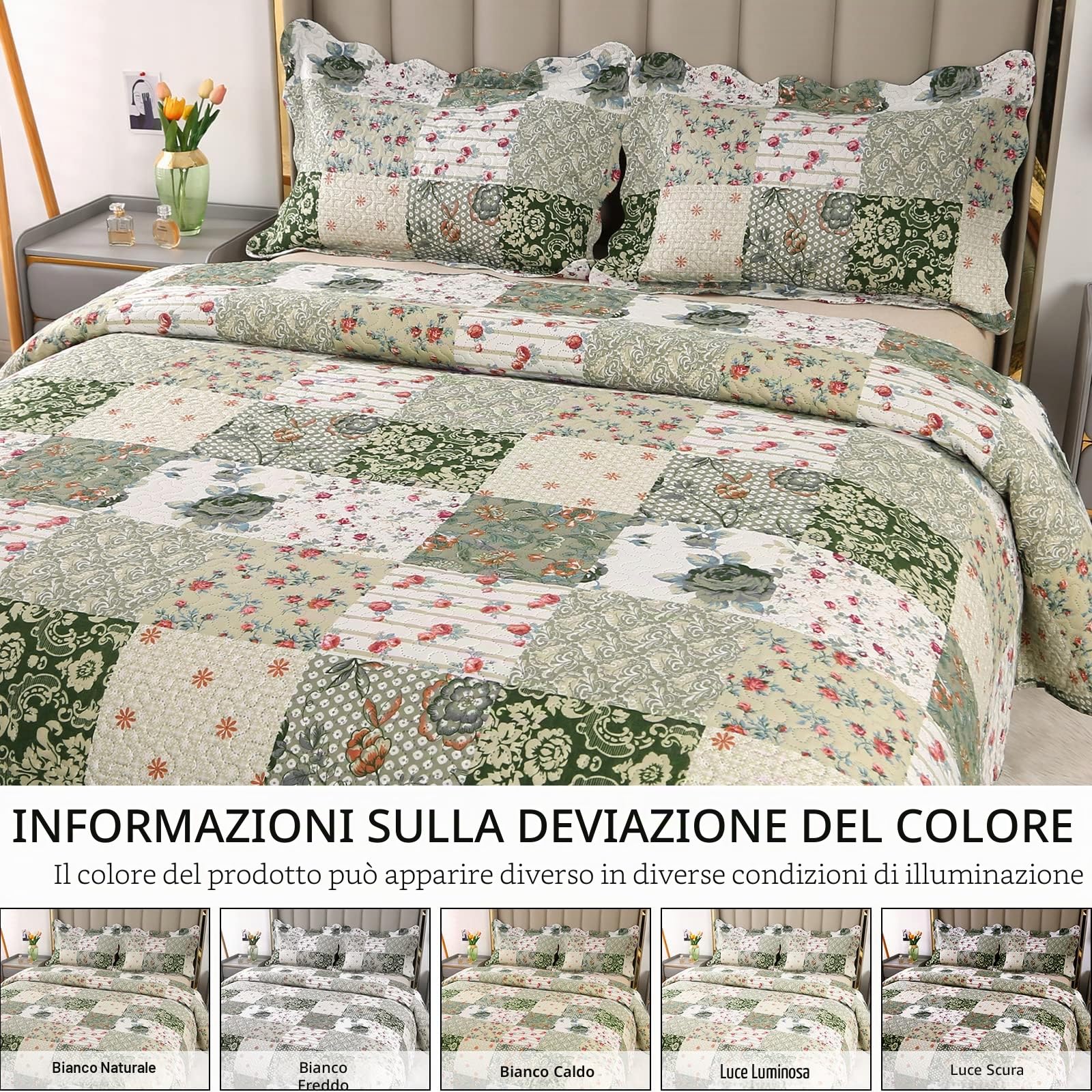 Qucover Copriletto Trapuntato Matrimoniale Patchwork, Copriletti Ultrasuoni in Poliestere Leggere, Trapunta Sottile Estivo Primaverile 230x260 cm con 2 Federe, Verde