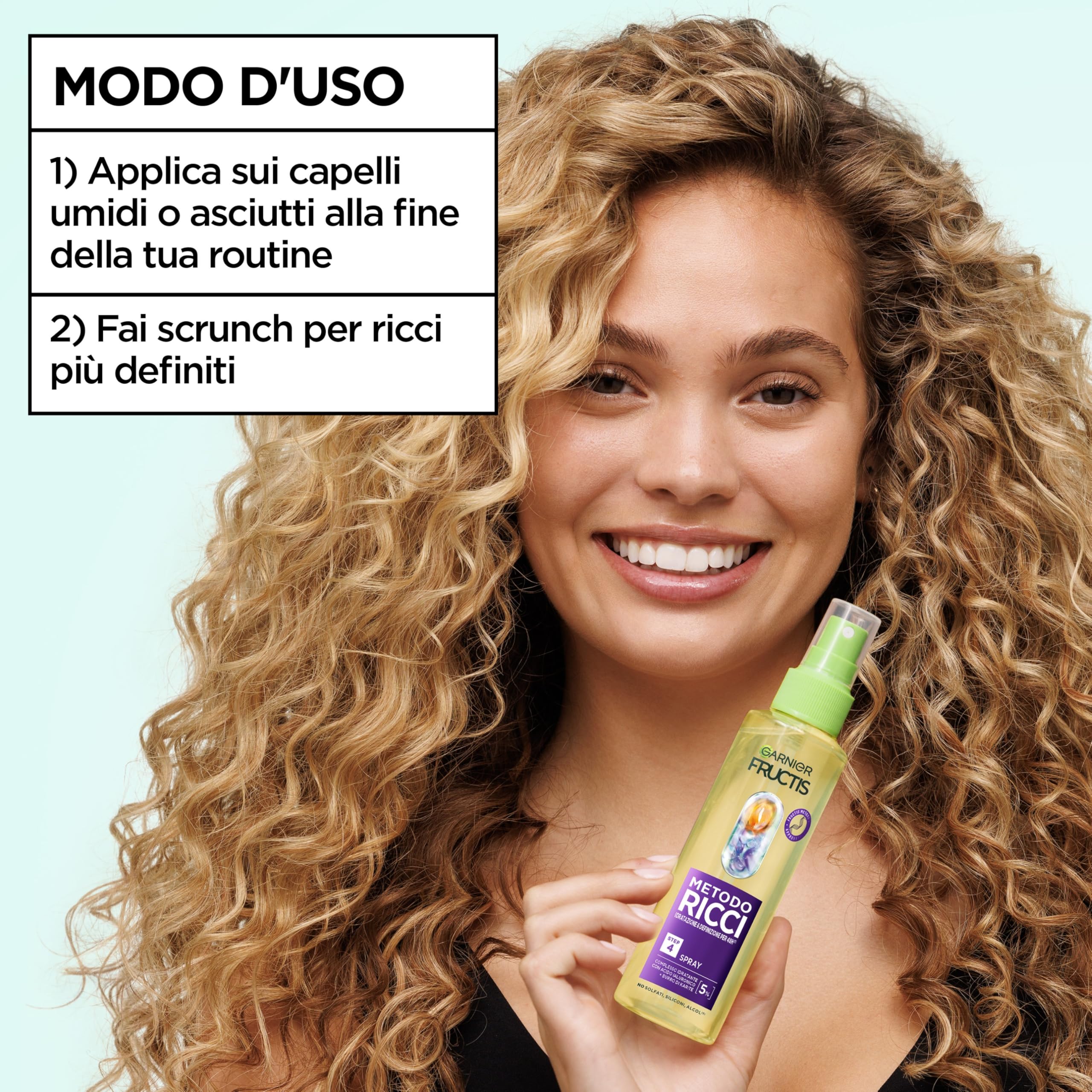 Garnier Fructis, Spray Idratante, Per Capelli Ricci, Capelli Ricci Definiti e Idratati, Arricchito con Acido Ialuronico e Burro di Karité, Metodo Ricci, 150 ml