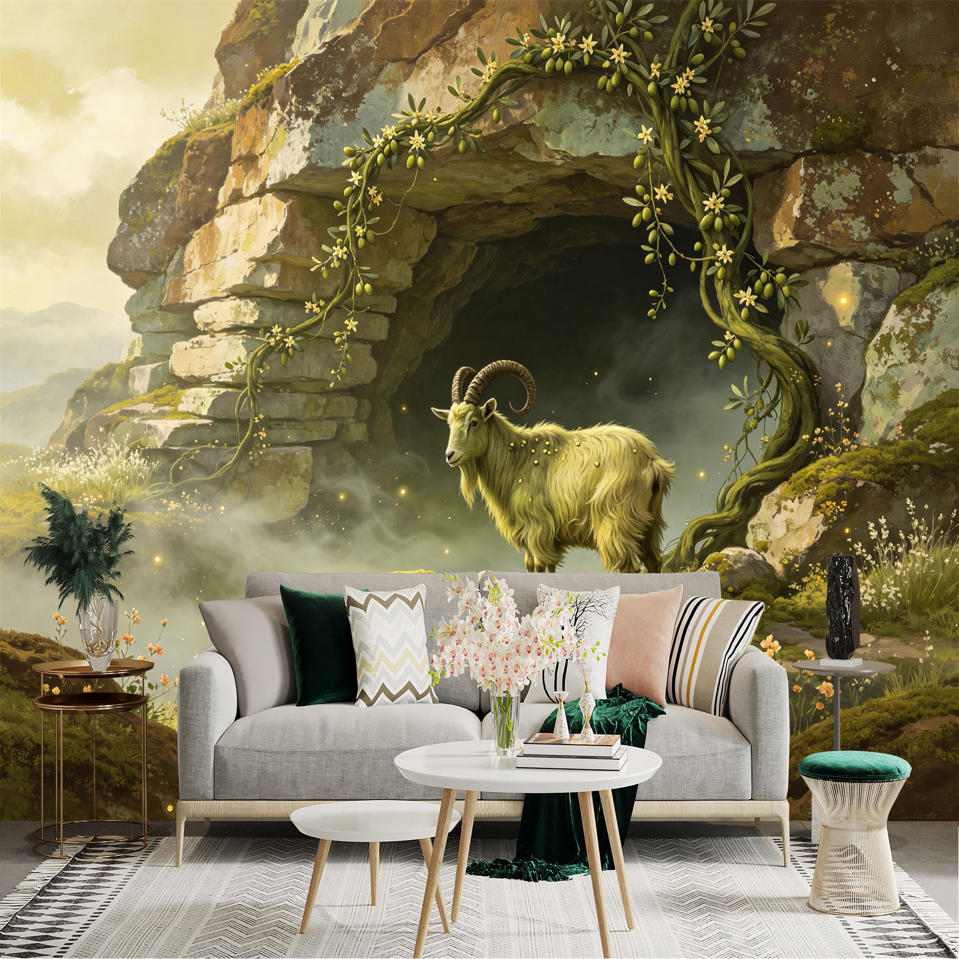 Lnzczhyre Bh260719269 Custom Size Wall Sticker Mural， Wild Goat In Enchanted Stone Cave， Lush Mossy Landscape， Whimsical Nature Scene， For Wall Decoration， Peelandstick Wall Decals.