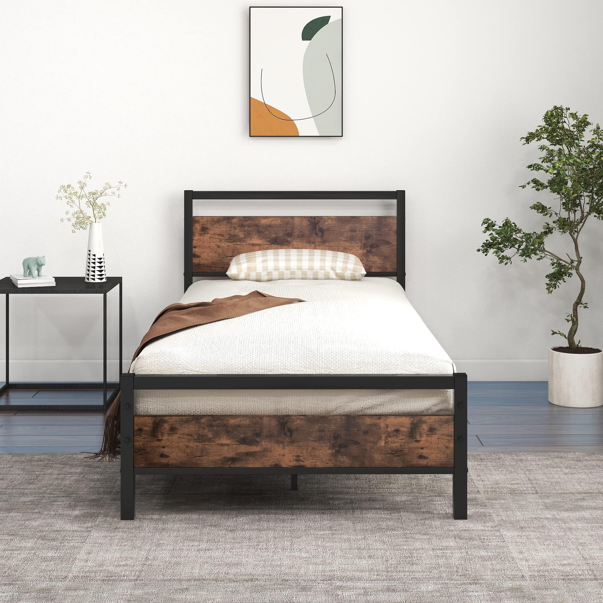 JELUTE Base de cama con plataforma metálica de 90 x 200 cm con cabecero y estribo de madera, soporte de acero resistente, no necesita somier, fácil montaje, color negro