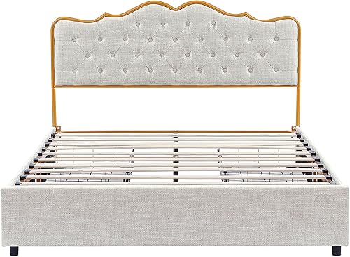 Miniatura 7 de HAUSHECK Base de cama tapizada tamaño Queen con 4 cajones de almacenamiento en rodillos y cabecero clásico de espuma de esponja suave, cama de