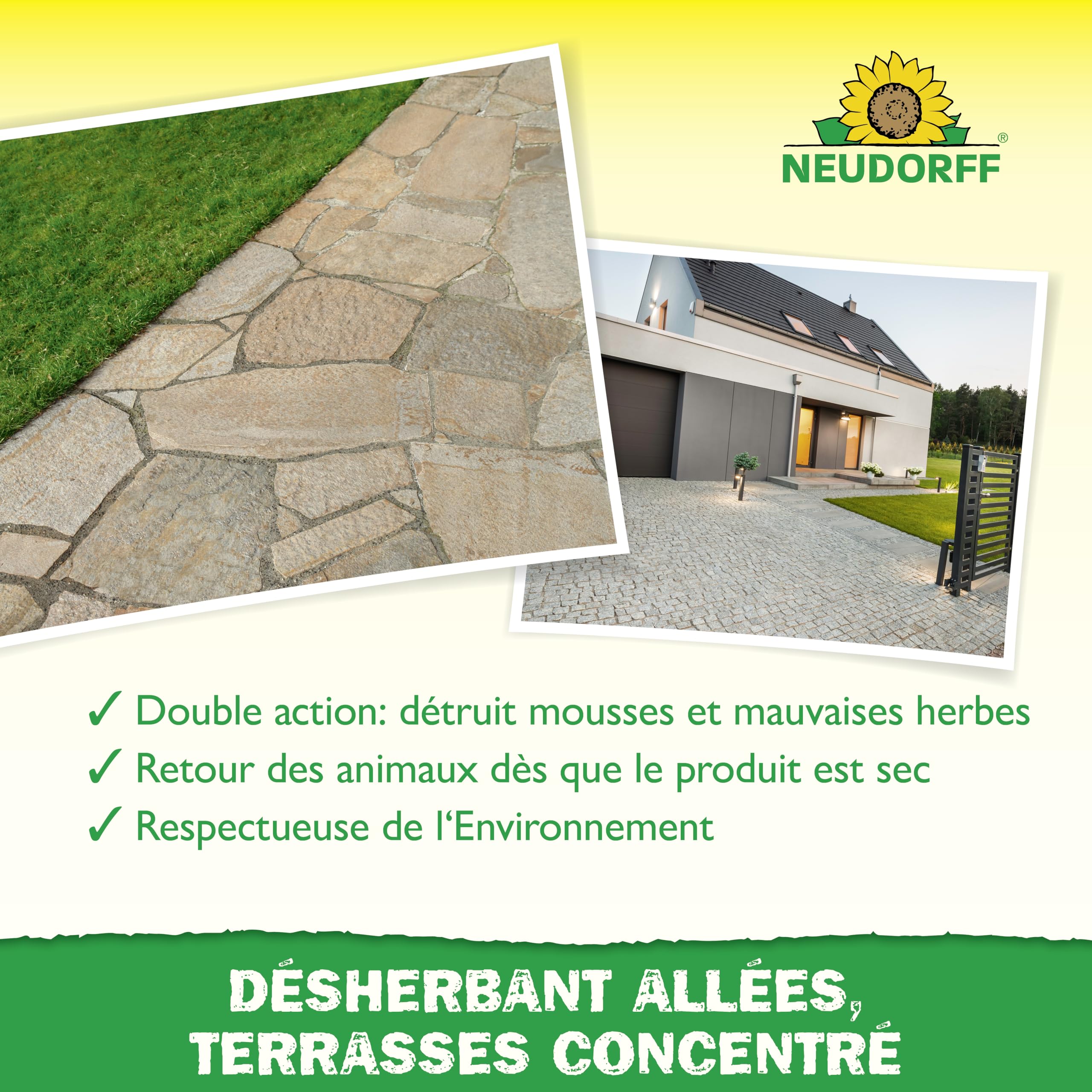 Neudorff Finalsan Désherbant Allées, Terrasses – Désherbant puissant sans glyphosate, action rapide sur mauvaises herbes et mousses, 1 L