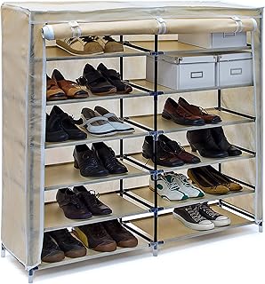 Relaxdays Valentin Wide H 108.5 x 114 x 30.5 cm Shoe Storage Rack with 7 Shelves for 36 Pairs Fleece with Fabric Cover Dust Free Storage Zippered, 7 Layer Shelf 108,5 x 114 x 30,5 cm beige