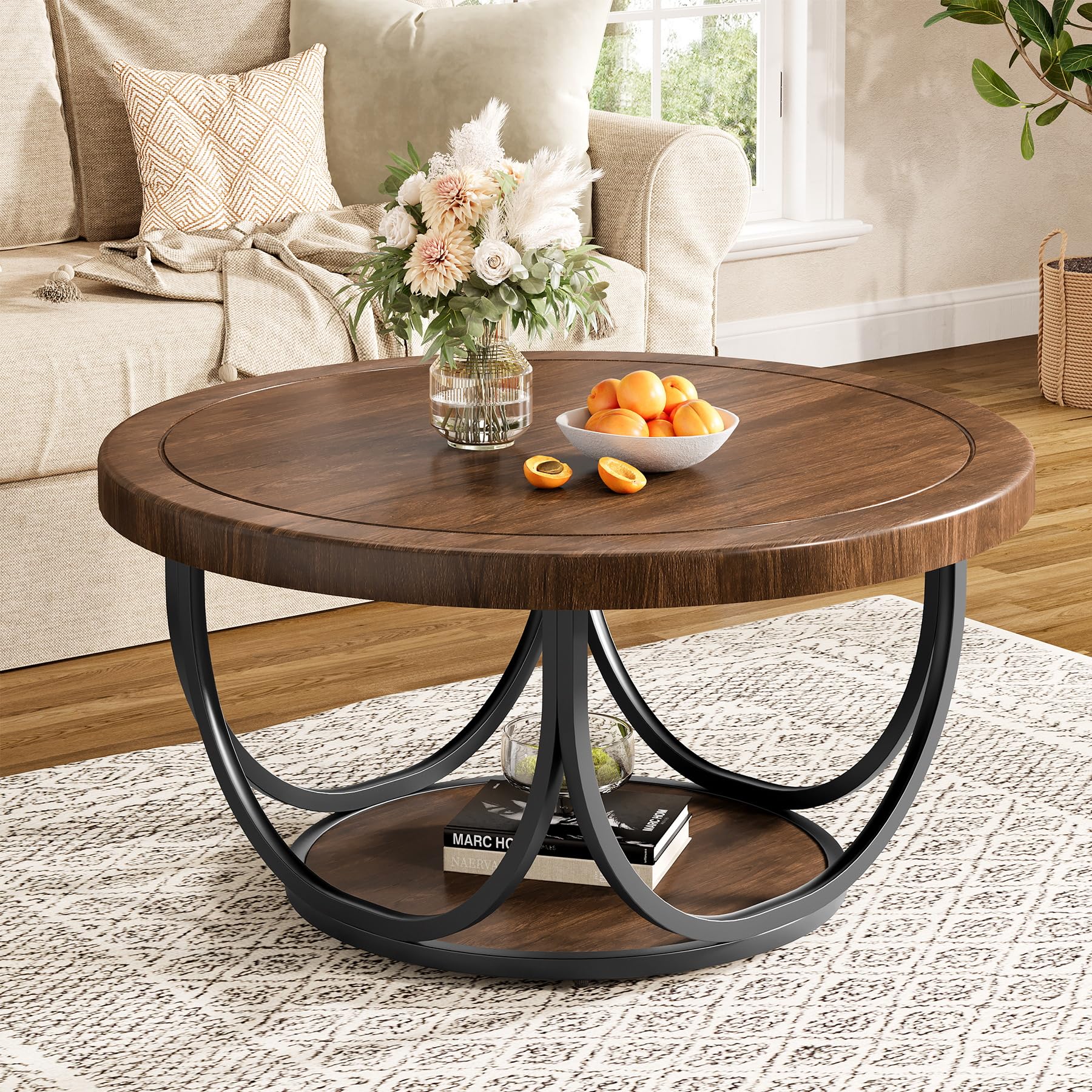 Tribesigns Round Coffee Table with 2 Tiers 31 5 Wooden Circle Accent Cocktail Table with Storage Shelf and