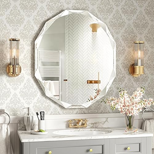 MUAUSU Beveled Edge Frameless Mirrors for Bathroom Sink 28'' X 24'' Oval Vanity Mirror Wall Mounted Scalloped Bathroom Mirror Horizontal/Vertical, Rectangle, MU2913-3