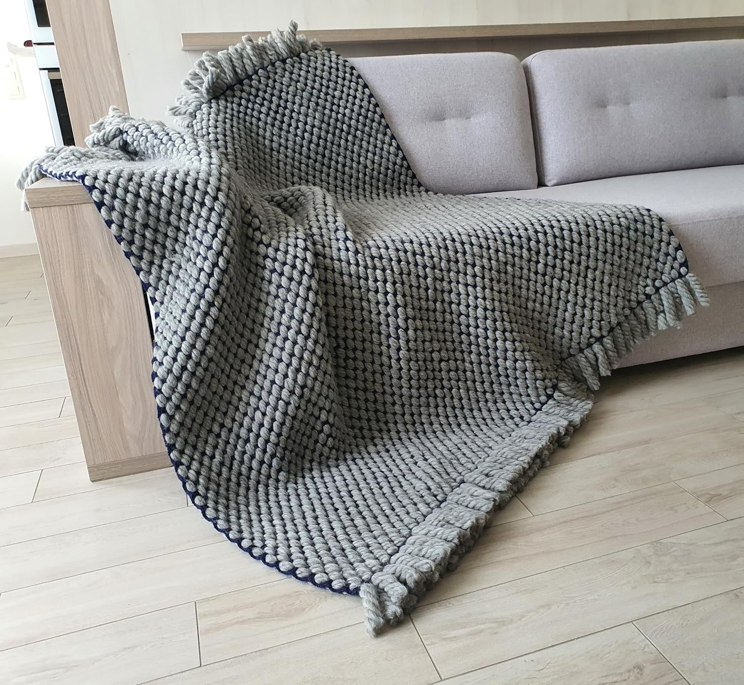 Chunky Hand-Crafted Wool Throw Blanket Gray Navy Blue 50x50