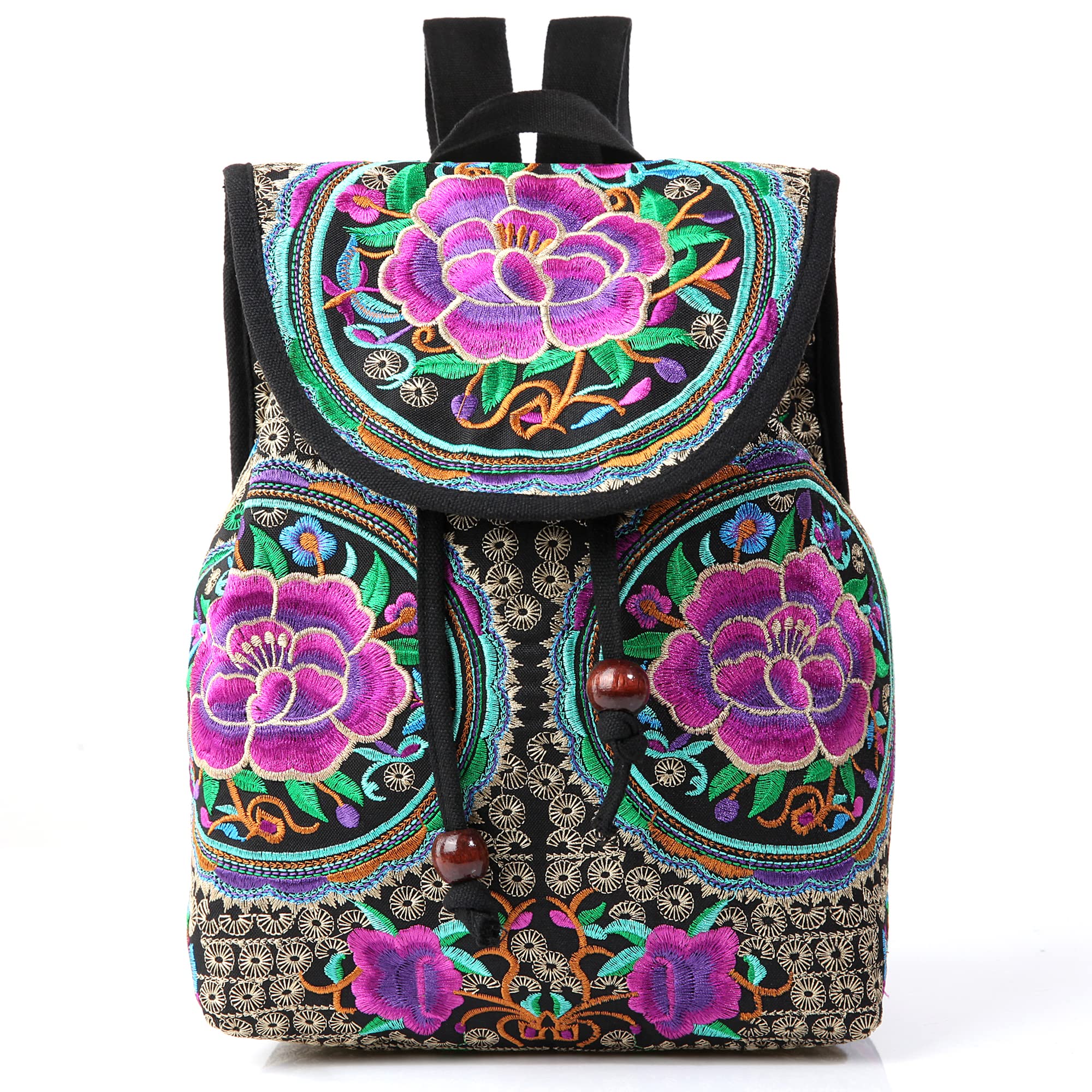 Jursccu Embroidered Backpack Purse for Women Vintage Handbag Small Drawstring Casual Travel Shoulder Bag Daypack
