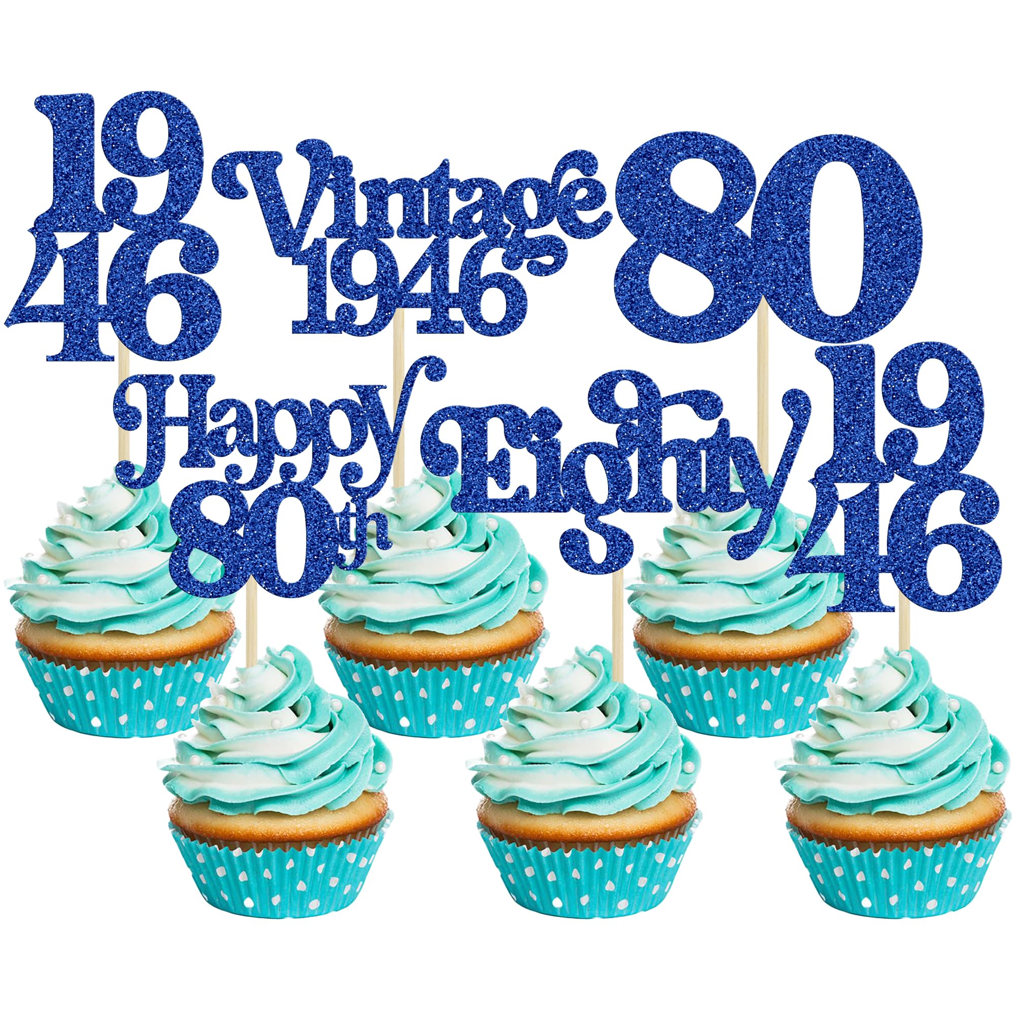 Gyufise 30Pcs 80th Birthday Cupcake Toppers Glitter Vintage 1946 Cheers to 80 Fabulous Eighty Cupcake Picks 80th Birthday Wedding Anniversary Party Cake Decorations Supplies Blue