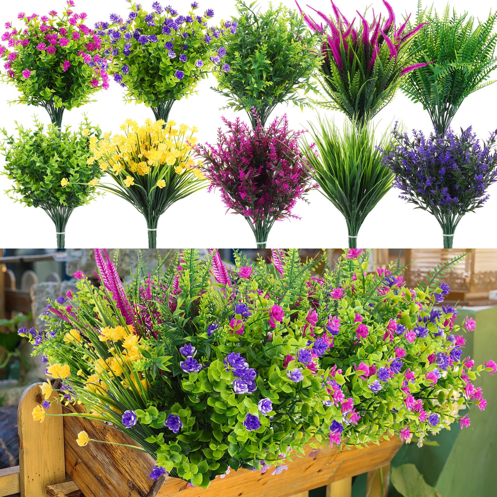 Crowye 200 Bundles Artificial Flowers Bulk, UV Resistant Artificial Plants Faux Outdoor Flowers Fake Plastic Plants Shrubs Greenery Wheat Grass for Garden Patio Front Porch Home Decoration (Vibrant)