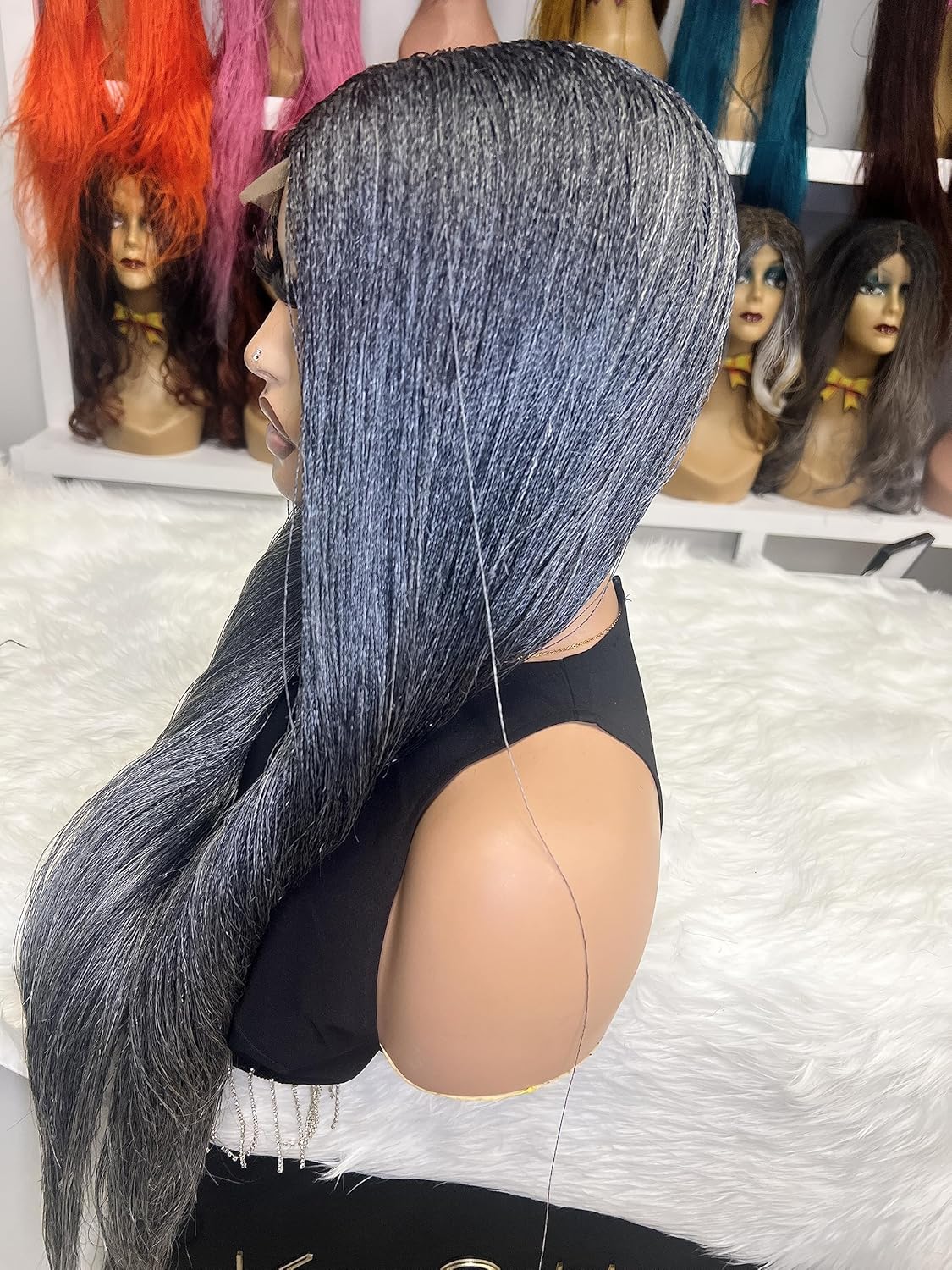 Million braids, Senegalese twist, Micro braid, Braided wig, Micro Twist 28"-30" long. Synthetic hand braided wigs for Black women (Dark Grey)