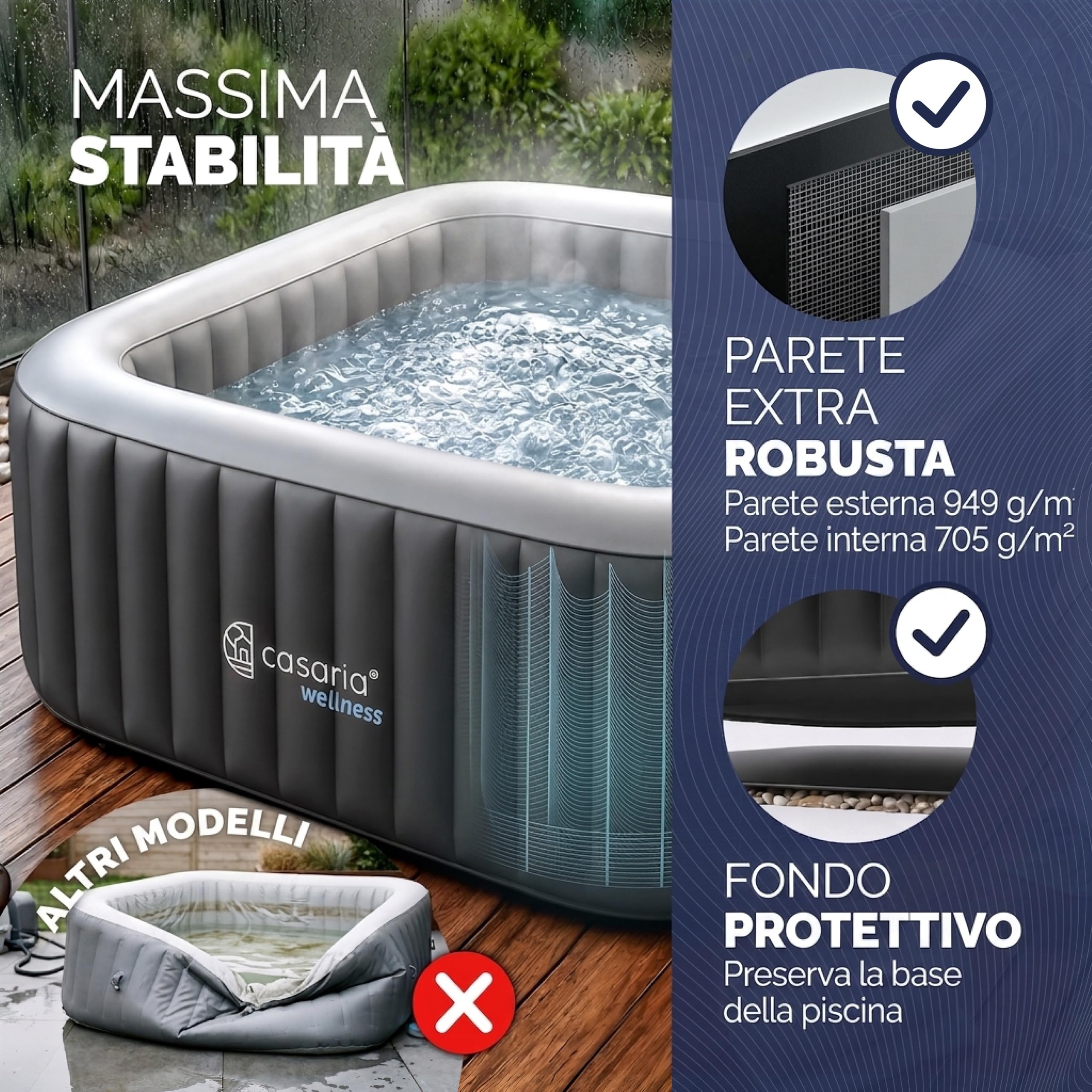 Casaria Piscina Idromassaggio Gonfiabile Quadrata 178 x 178 cm 6 Persone Vasca Spa Esterna Interna 140 Getti Protezione Antigelo con Filtro Accessori