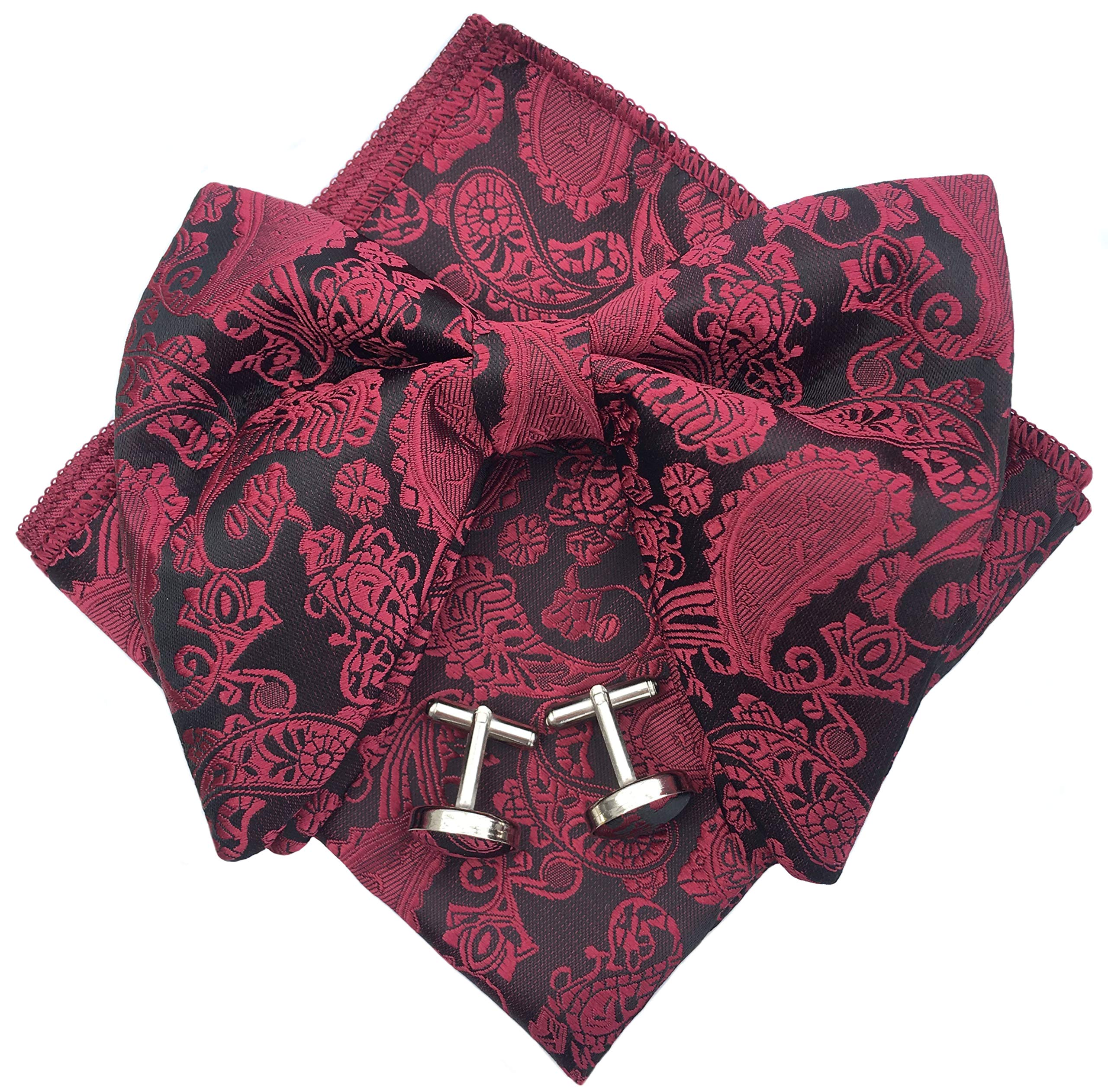 Justar Men's Burgundy Pre-Tied Paisley Bowtie Oversized Tuxedo Bow Tie Hankie Cufflinks Set (Burgundy)