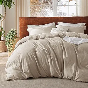 Bedsure 100% Washed Cotton Duvet Cover Full Size - Oatmeal Minimalist Cotton Duvet Cover Linen Like for All Seasons - GentleSoft™ Plain Simple Bedding (Oatmeal, Full, 80"x90")