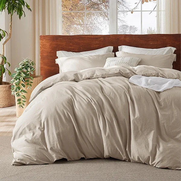 Bedsure 100% Washed Cotton Duvet Cover King Size - Oatmeal Minimalist Cotton Duvet Cover Linen Like for All Seasons - GentleSoft™ Plain Simple Bedding (Oatmeal, King, 104"x90")
