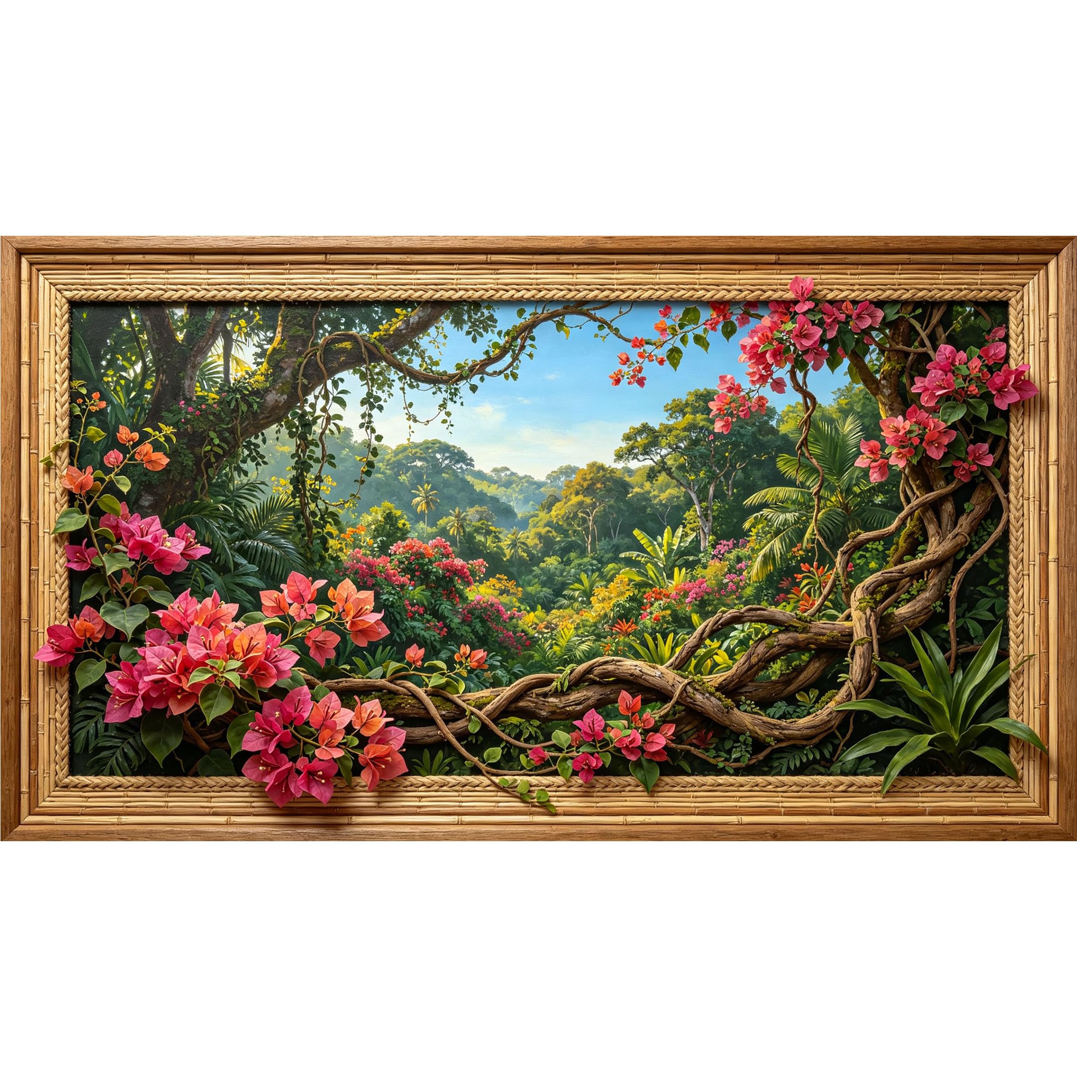 QZLITHOTIC 50x90cm3D Framed Wall Art， Tropical Jungle Floral Vines and Lush Greenery SelfAdhesive Mural， WaterActivated Peel & Stick Fabric Decor Wall Decal for Bedroom Living Room