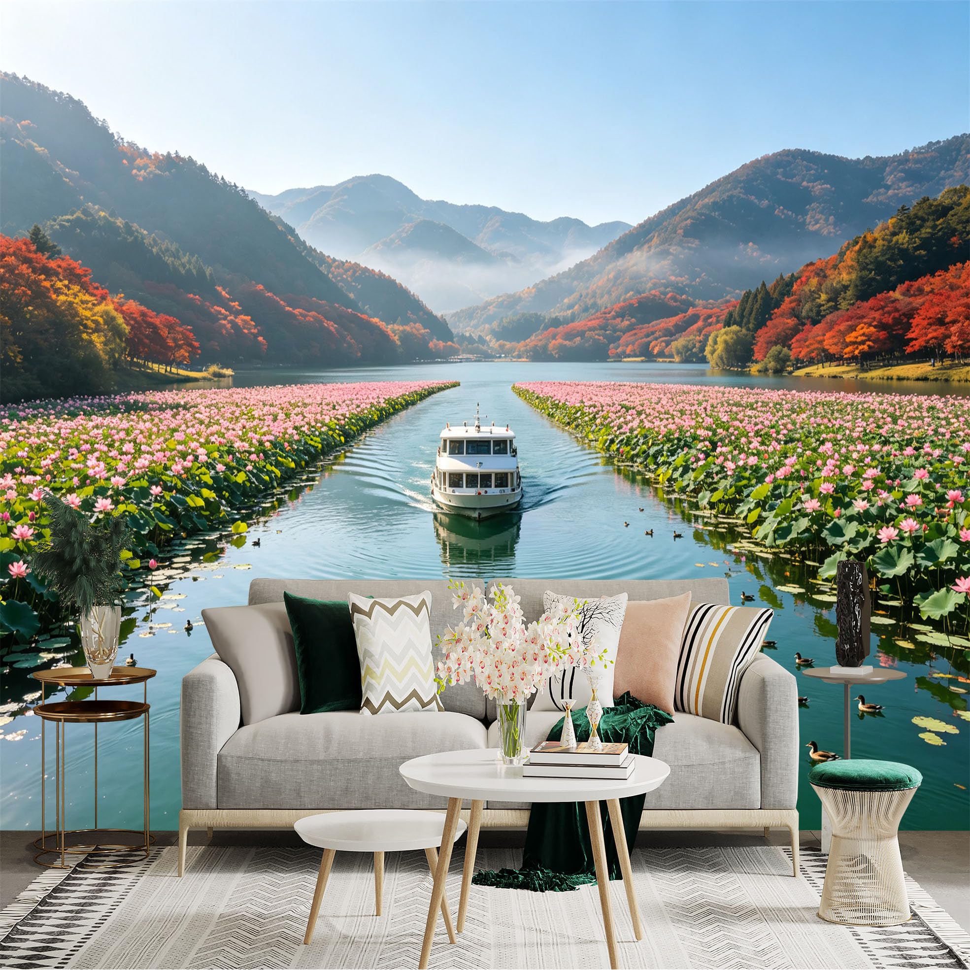 Custom Size Wall Sticker Mural， Cruise Boat on Lake， Blooming Lotus Flowers， Autumn Mountain Scenery， Peaceful Nature View， for wall Decoration， peelandstick wall Decals.