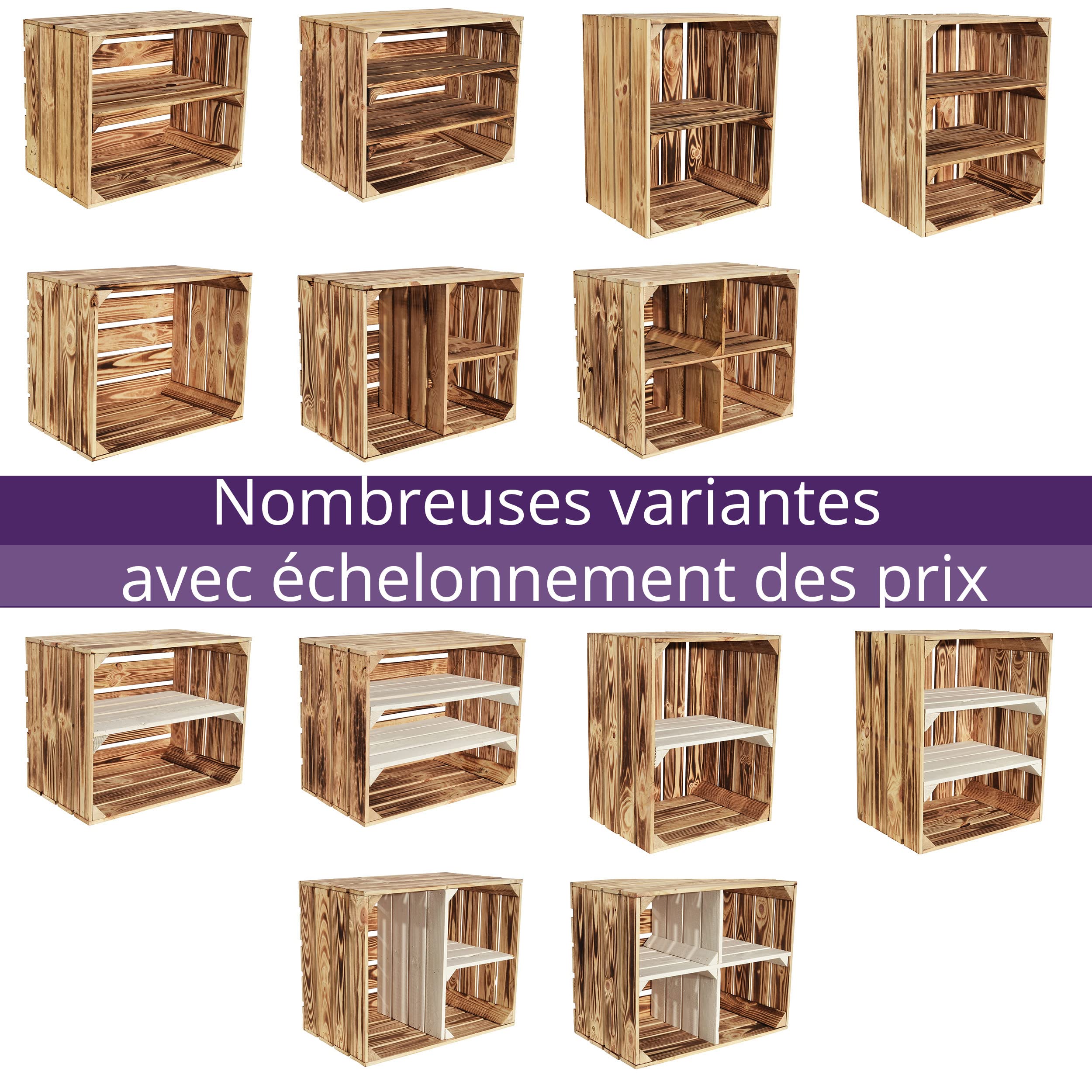 4x Caisses à fruits flammées - 50x40x30cm Caisses en bois Caisses à vin