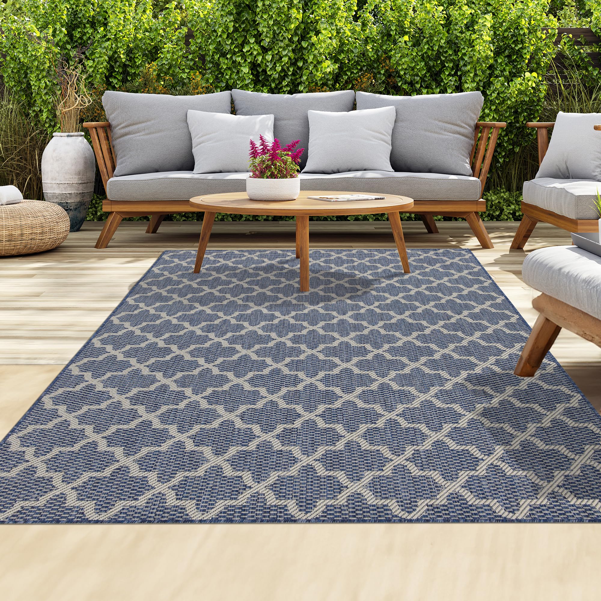 homeart Outdoor Rugs | Easy-Cleaning Indoor & Outdoor Area Rugs for Porch, Deck, Balcony, Garden, Picnic, Kitchen, Hallway | UV & Weather-Resistant Large Patio Rug Mats | D.Blue Cream, 120 x 170 cm — image 1