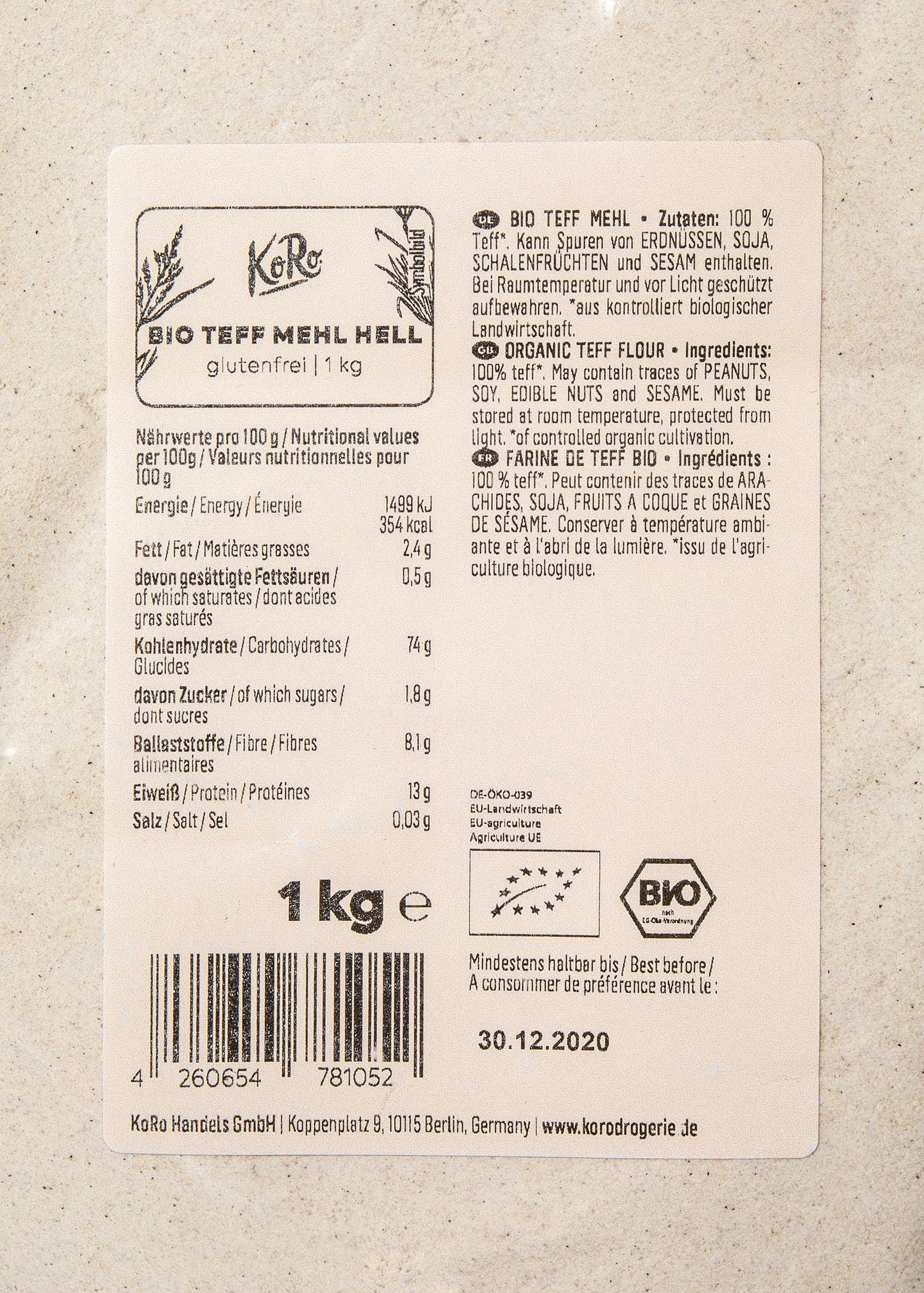 KoRo - Farina di teff bio 1 kg - Proteica - Versatile - Senza glutine - Per torte, biscotti o per addensare salse