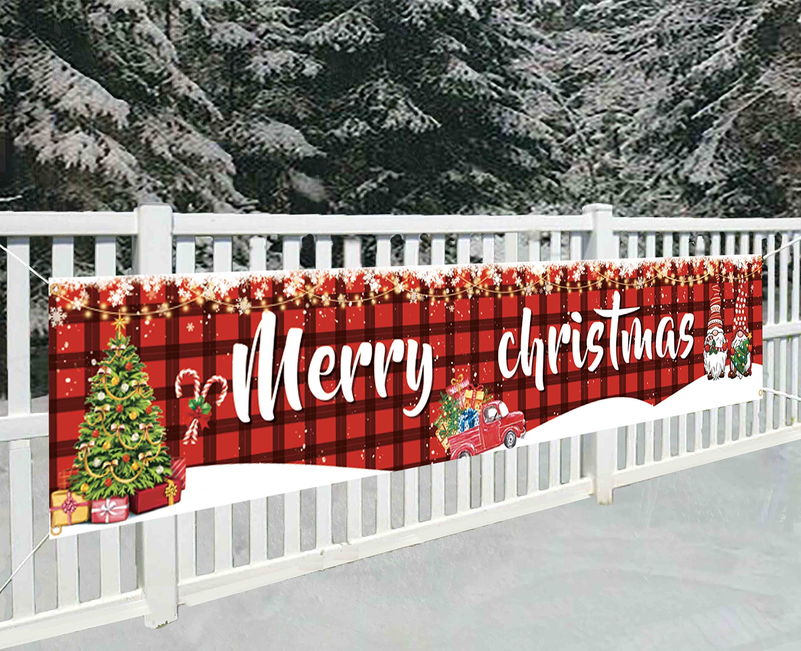 HHERCICIM Merry Christmas Gnomes Large Banner,Red Black Buffalo Check Plaid Large Merry Christmas Banner Happy New Year Winter Flag Seasonal Holiday Party Polyester Outdoor Decor with Brass Grommets 8.2x1.64 Ft