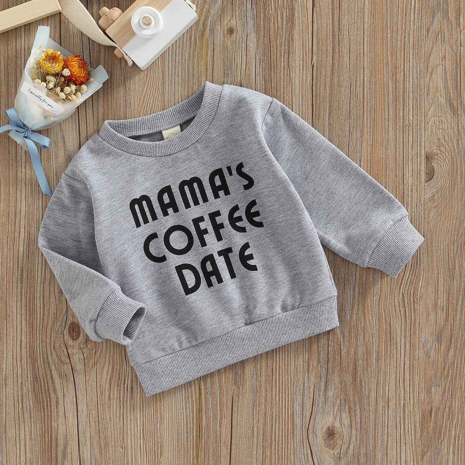 BULINGNA Toddler Baby Girl Boy Long Sleeve Mama‘s Coffee Date Funny Letters Print Crewneck Sweatshirt Oversized Pullovers (Gray, 3-6 Months)